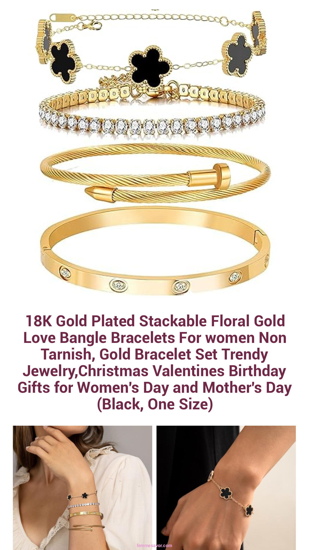 18K Gold Plated Stackable Floral Gold Love Bangle Bracelets For women Non Tarnish, Gold Bracelet Set Trendy Jewelry,Christmas Valentines Birthday Gifts for Women's Day and Mother's Day (Black, One Size) 18K Gold Plated Stackable Floral Gold Love Bangle Bracelets For women Non Tarnish, Gold Bracelet Set Trendy Jewelry,Christmas Valentines Birthday Gifts for Women's Day and Mother's Day (Black, One Size)