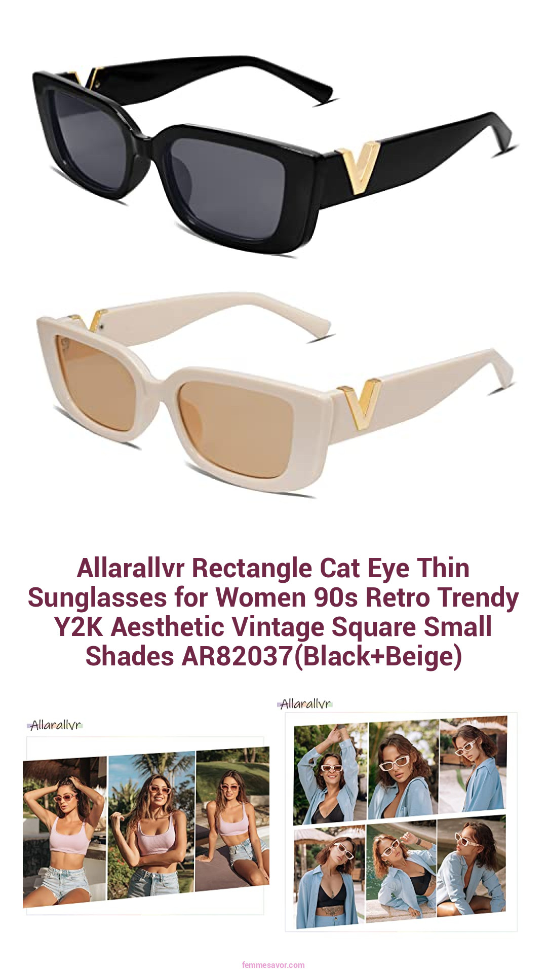 Allarallvr Rectangle Cat Eye Thin Sunglasses for Women 90s Retro Trendy Y2K Aesthetic Vintage Square Small Shades AR82037(Black+Beige)
