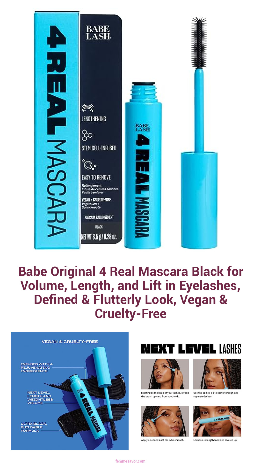 Babe Original 4 Real Mascara Black for Volume, Length, and Lift in Eyelashes, Defined & Flutterly Look, Vegan & Cruelty-Free