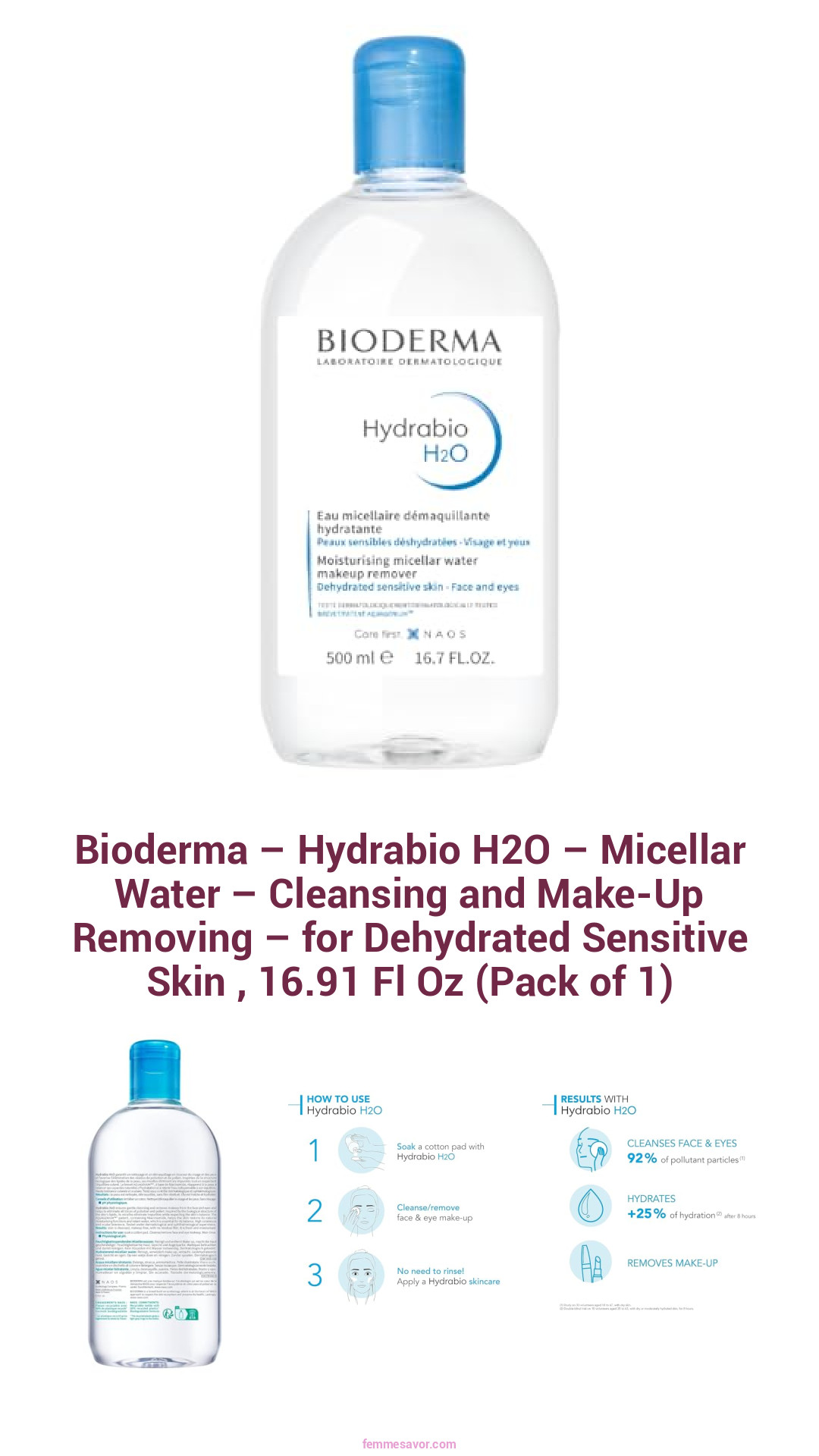 Bioderma – Hydrabio H2O – Micellar Water – Cleansing and Make-Up Removing – for Dehydrated Sensitive Skin , 16.91 Fl Oz (Pack of 1)