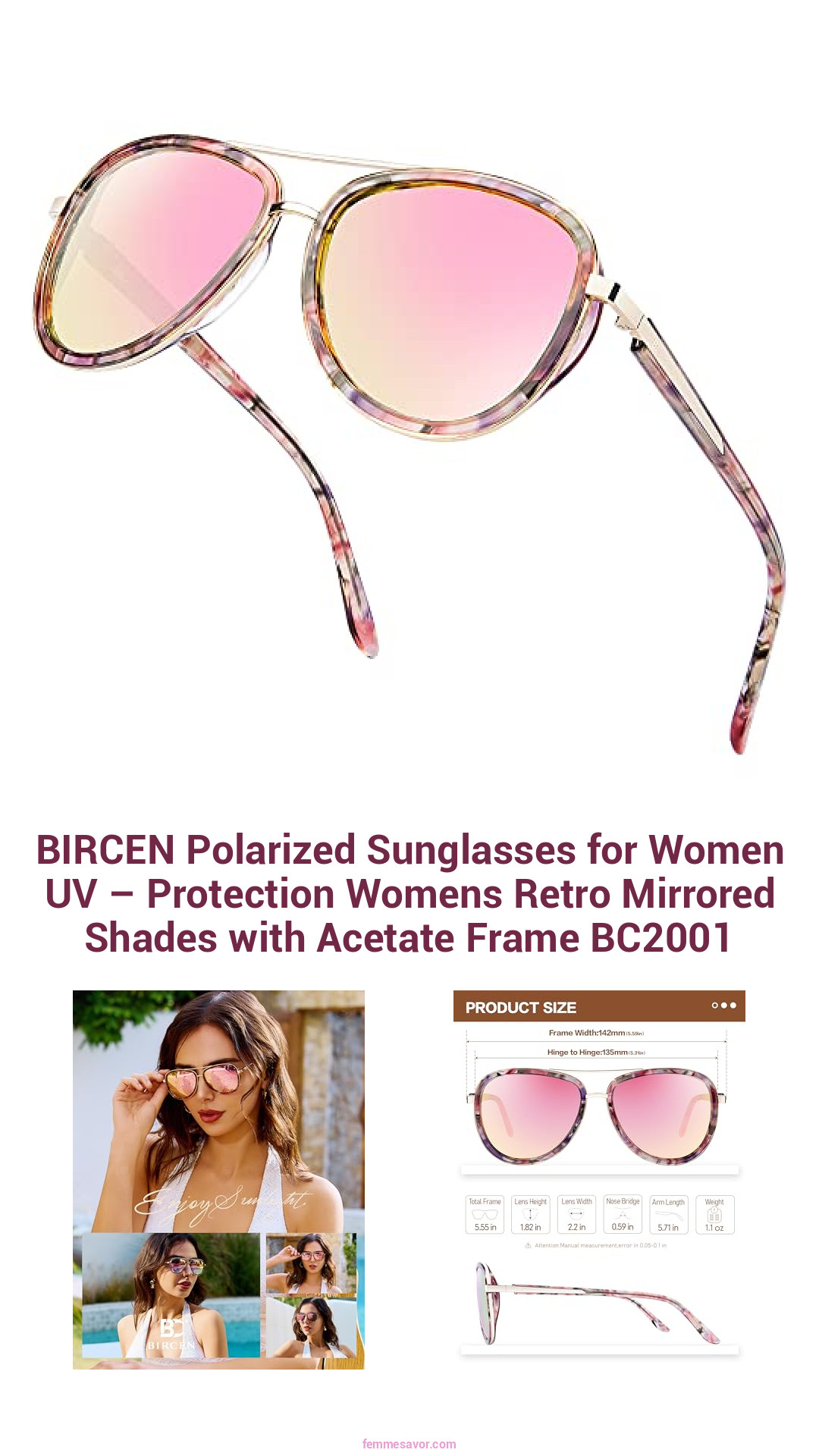 BIRCEN Polarized Sunglasses for Women UV – Protection Womens Retro Mirrored Shades with Acetate Frame BC2001