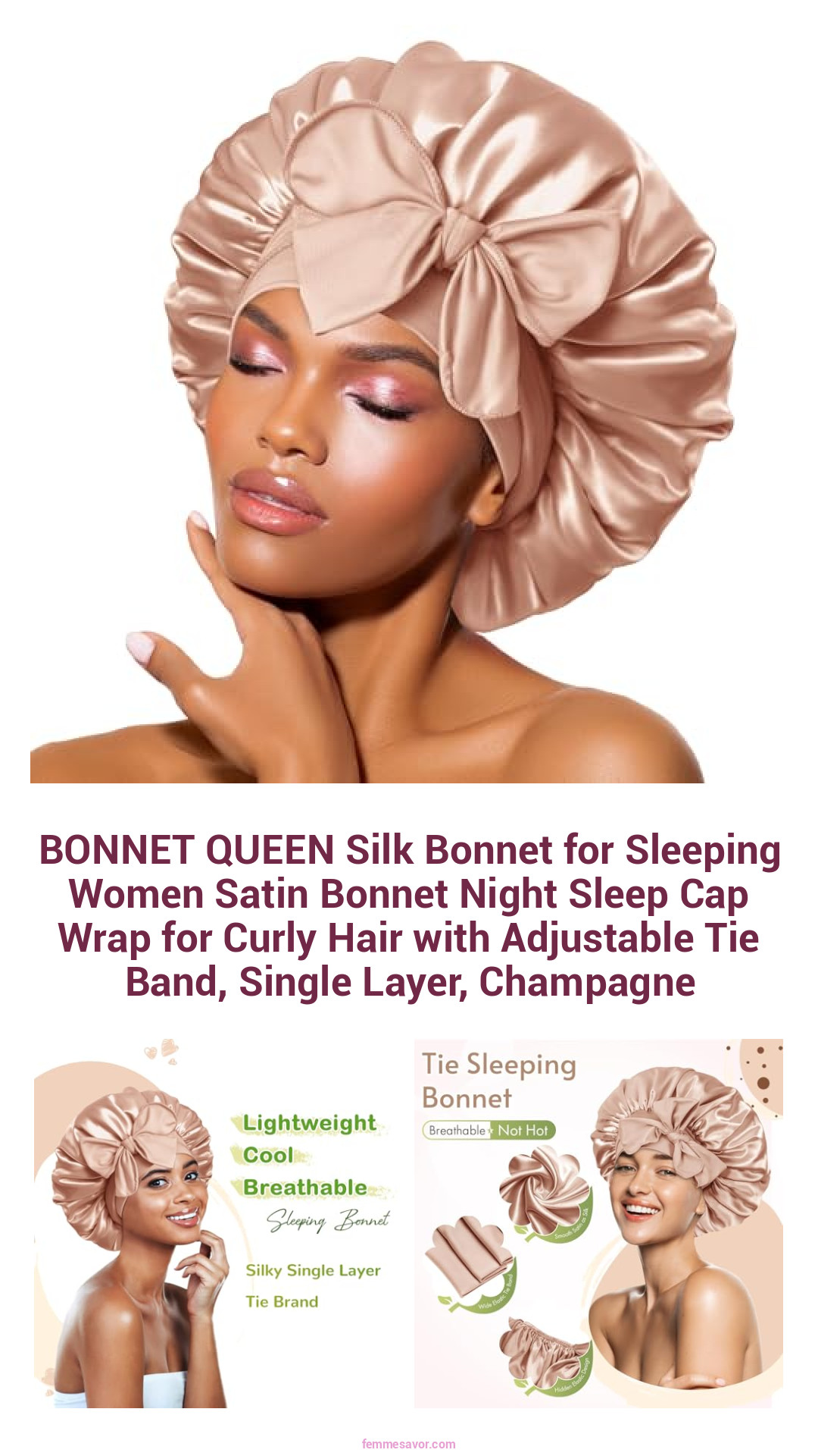 BONNET QUEEN Silk Bonnet for Sleeping Women Satin Bonnet Night Sleep Cap Wrap for Curly Hair with Adjustable Tie Band, Single Layer, Champagne BONNET QUEEN Silk Bonnet for Sleeping Women Satin Bonnet Night Sleep Cap Wrap for Curly Hair with Adjustable Tie Band, Single Layer, Champagne