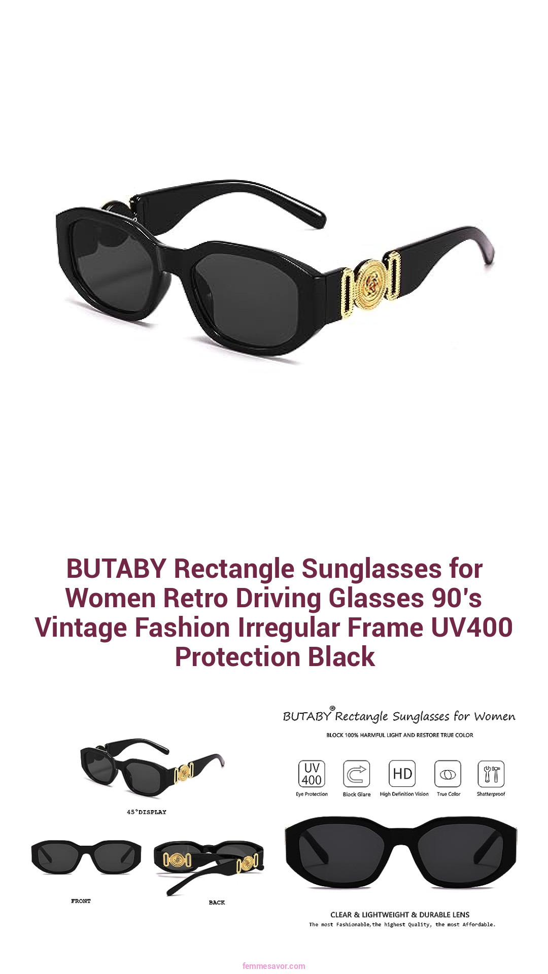 BUTABY Rectangle Sunglasses for Women Retro Driving Glasses 90’s Vintage Fashion Irregular Frame UV400 Protection Black BUTABY Rectangle Sunglasses for Women Retro Driving Glasses 90’s Vintage Fashion Irregular Frame UV400 Protection Black