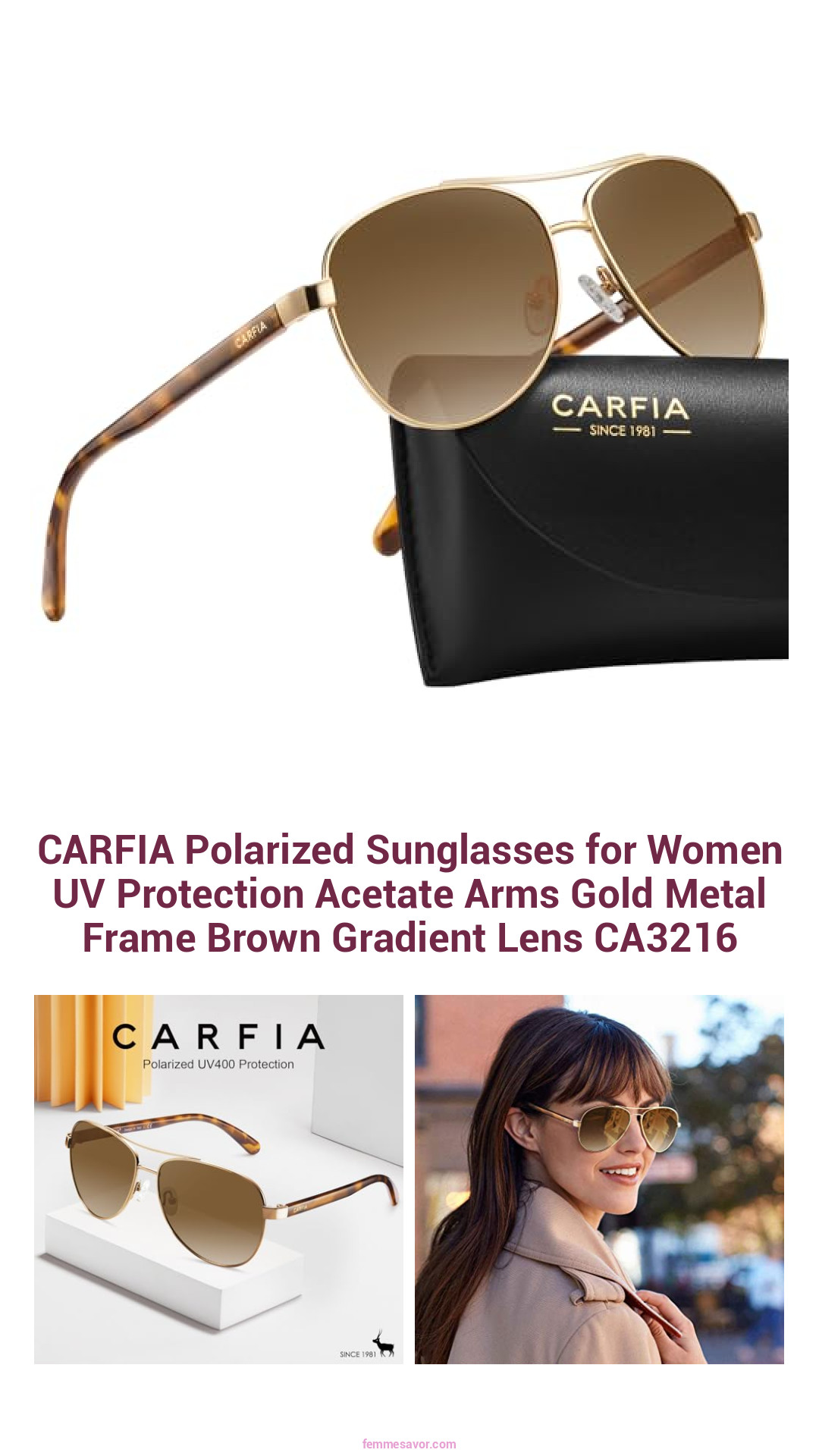 CARFIA Polarized Sunglasses for Women UV Protection Acetate Arms Gold Metal Frame Brown Gradient Lens CA3216 CARFIA Polarized Sunglasses for Women UV Protection Acetate Arms Gold Metal Frame Brown Gradient Lens CA3216