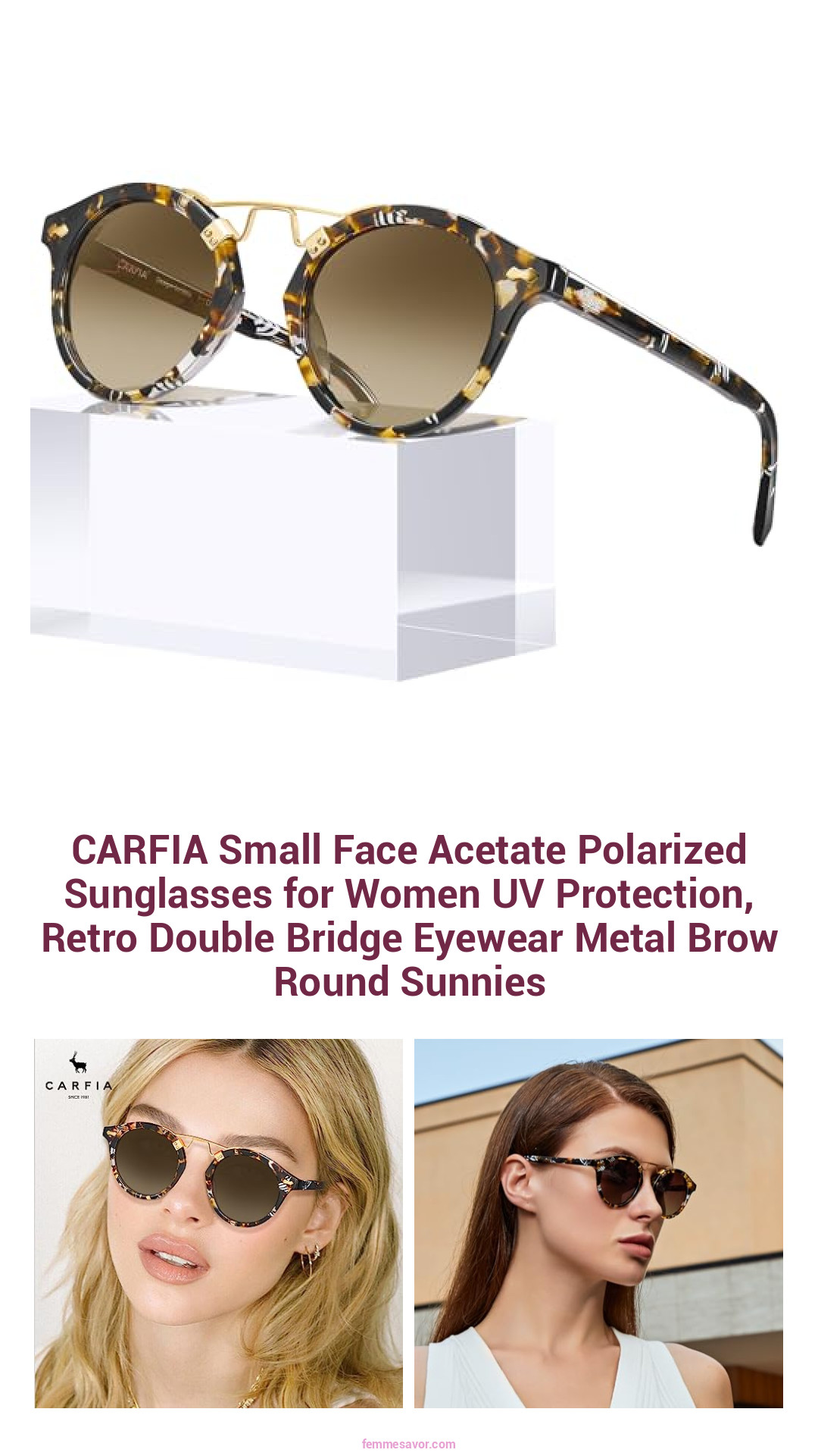 CARFIA Small Face Acetate Polarized Sunglasses for Women UV Protection, Retro Double Bridge Eyewear Metal Brow Round Sunnies