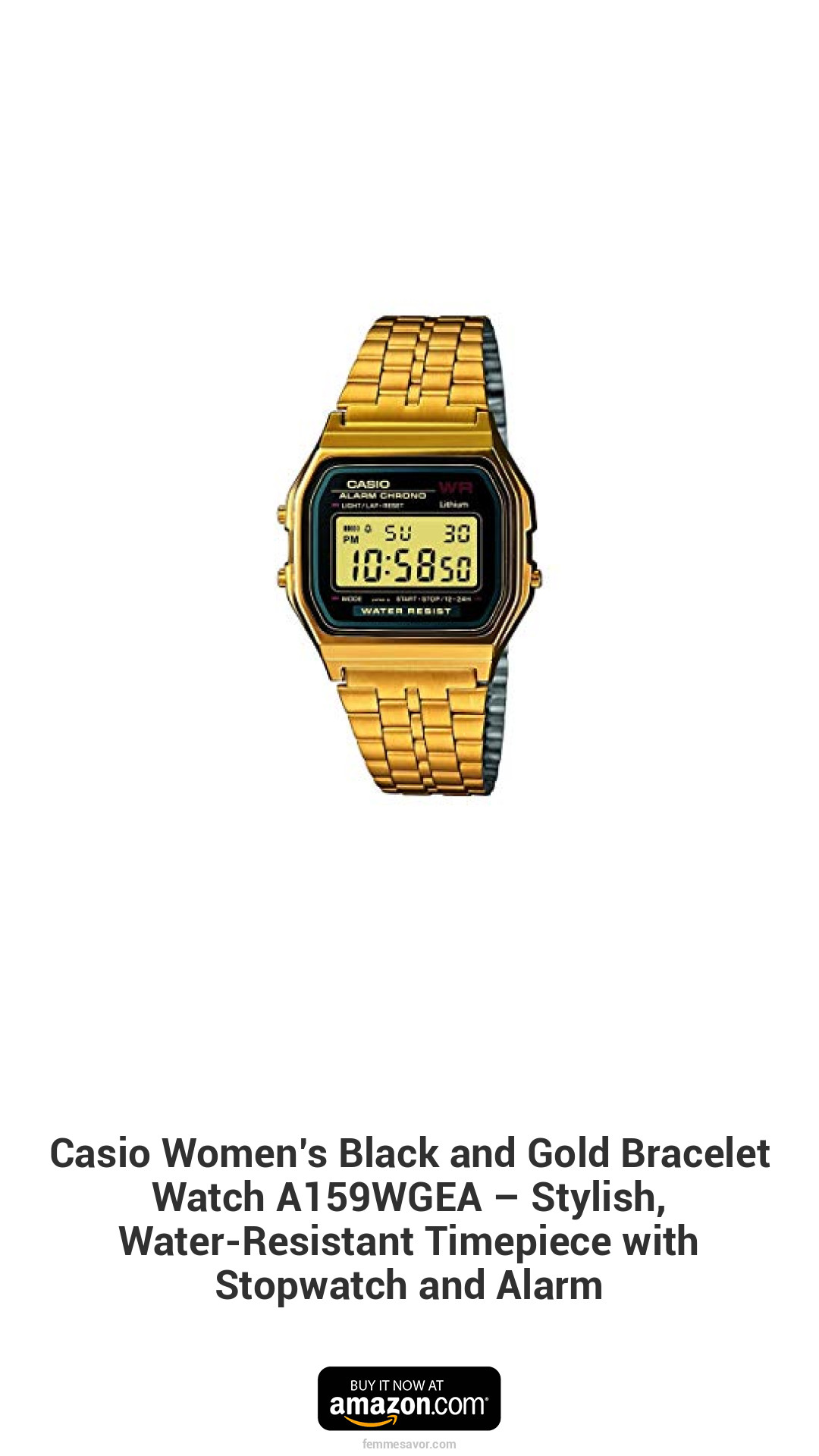 Casio Women’s Black and Gold Bracelet Watch A159WGEA – Stylish, Water-Resistant Timepiece with Stopwatch and Alarm