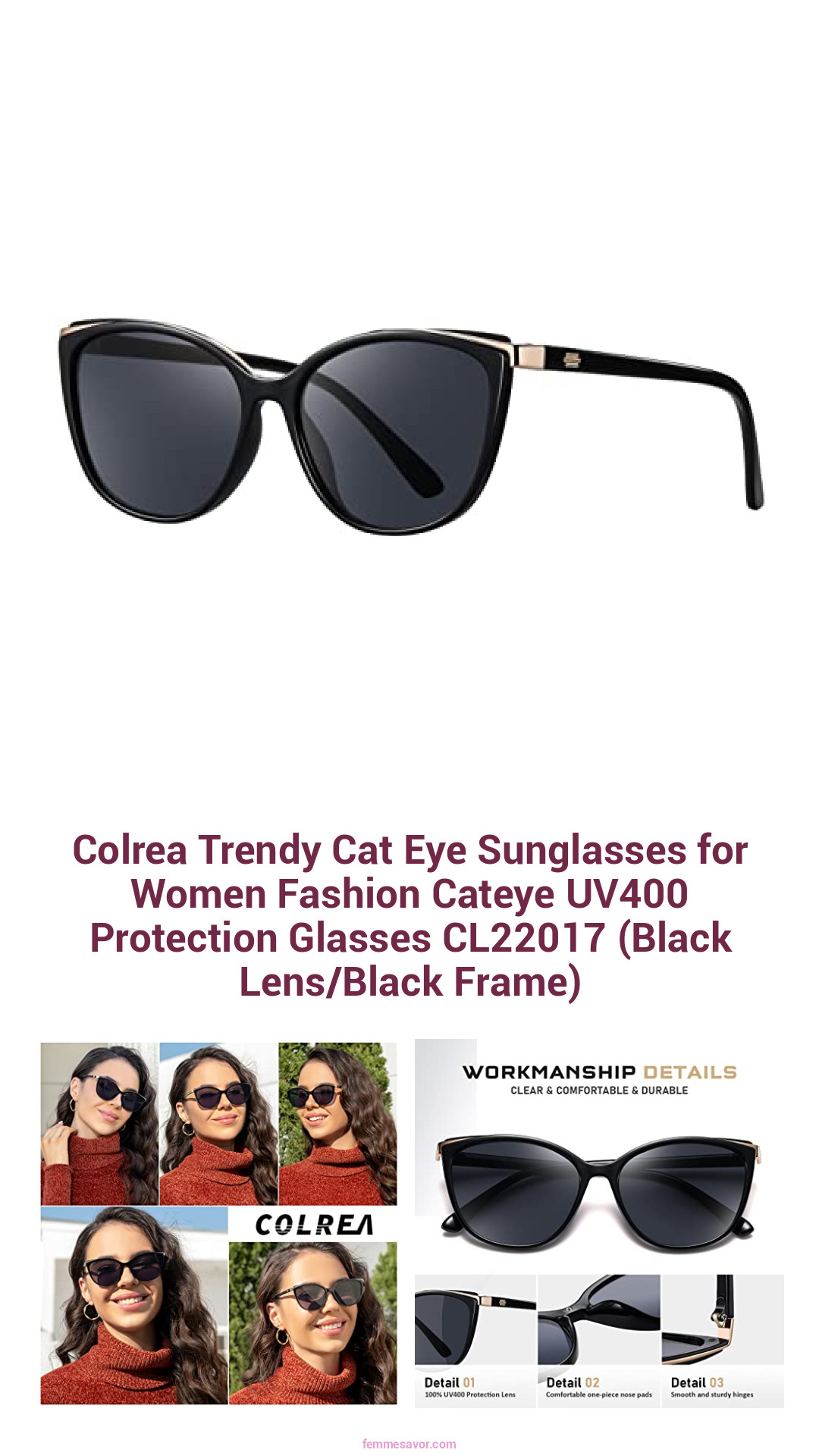 Colrea Trendy Cat Eye Sunglasses for Women Fashion Cateye UV400 Protection Glasses CL22017 (Black Lens/Black Frame) Colrea Trendy Cat Eye Sunglasses for Women Fashion Cateye UV400 Protection Glasses CL22017 (Black Lens/Black Frame)