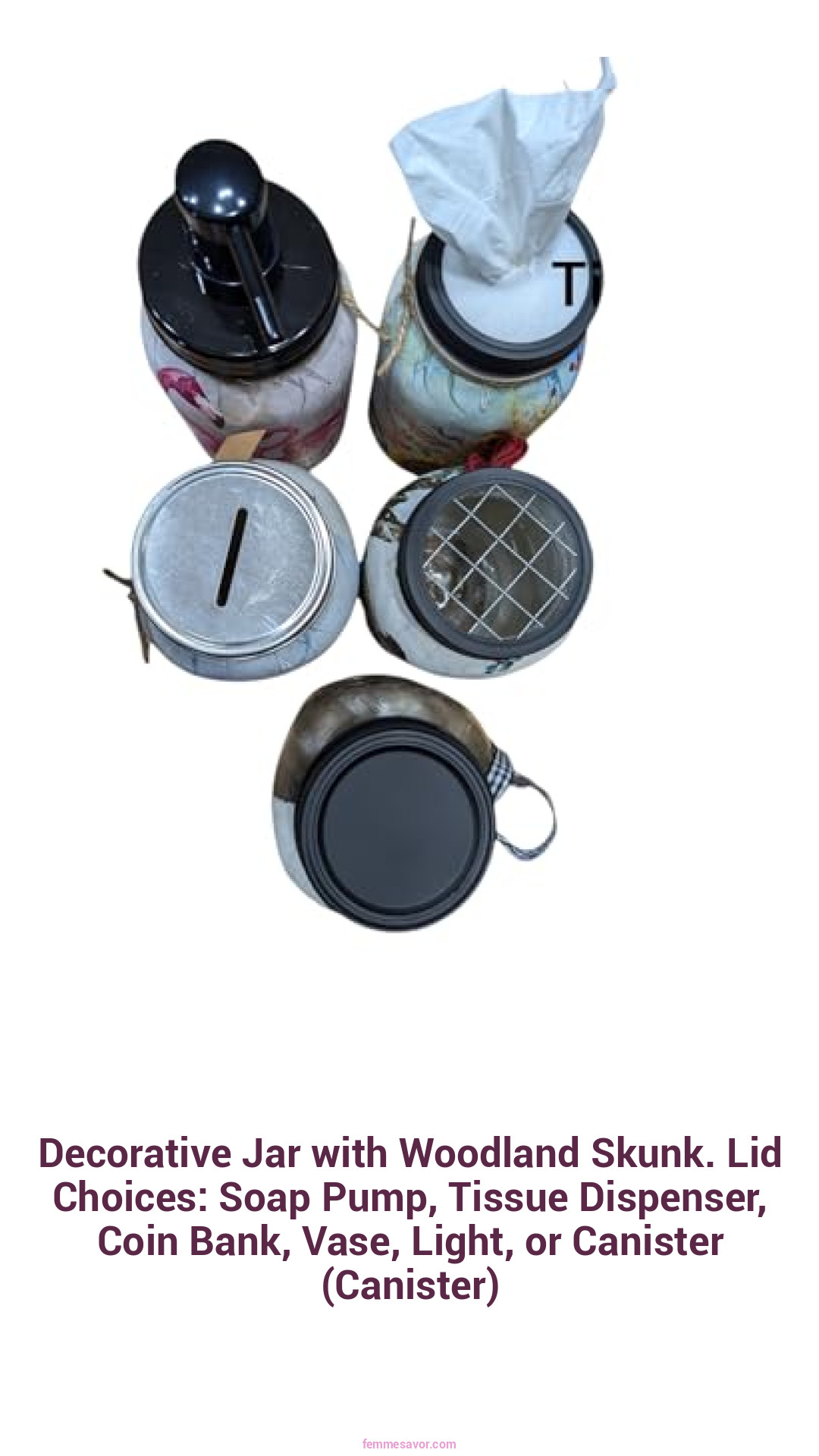 Decorative Jar with Woodland Skunk. Lid Choices: Soap Pump, Tissue Dispenser, Coin Bank, Vase, Light, or Canister (Canister)