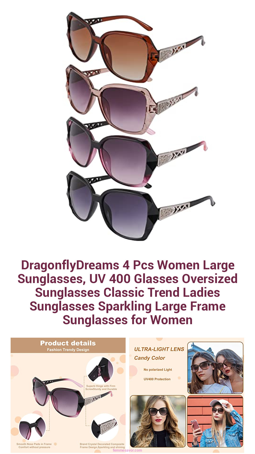 DragonflyDreams 4 Pcs Women Large Sunglasses, UV 400 Glasses Oversized Sunglasses Classic Trend Ladies Sunglasses Sparkling Large Frame Sunglasses for Women DragonflyDreams 4 Pcs Women Large Sunglasses, UV 400 Glasses Oversized Sunglasses Classic Trend Ladies Sunglasses Sparkling Large Frame Sunglasses for Women