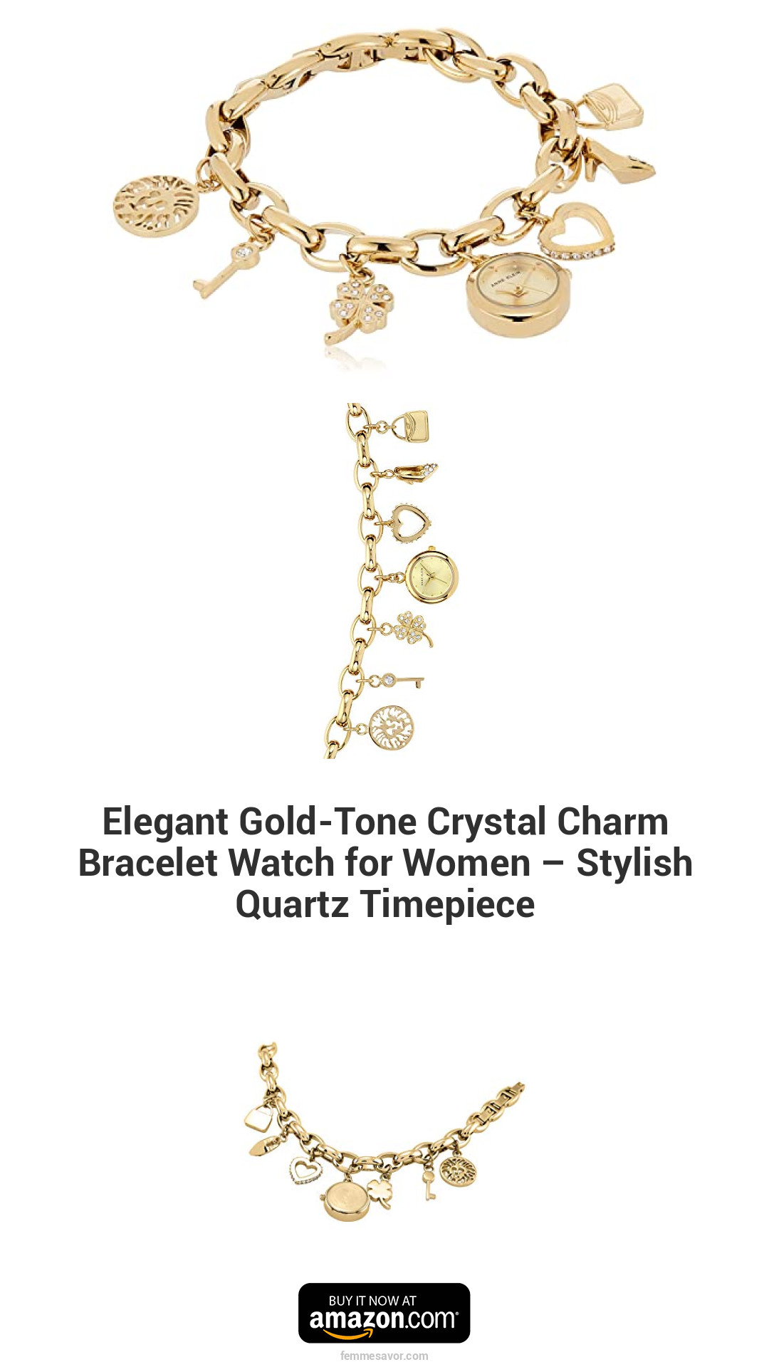 Elegant Gold-Tone Crystal Charm Bracelet Watch for Women – Stylish Quartz Timepiece Elegant Gold-Tone Crystal Charm Bracelet Watch for Women – Stylish Quartz Timepiece