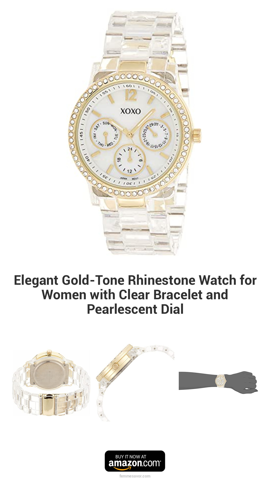 Elegant Gold-Tone Rhinestone Watch for Women with Clear Bracelet and Pearlescent Dial Elegant Gold-Tone Rhinestone Watch for Women with Clear Bracelet and Pearlescent Dial