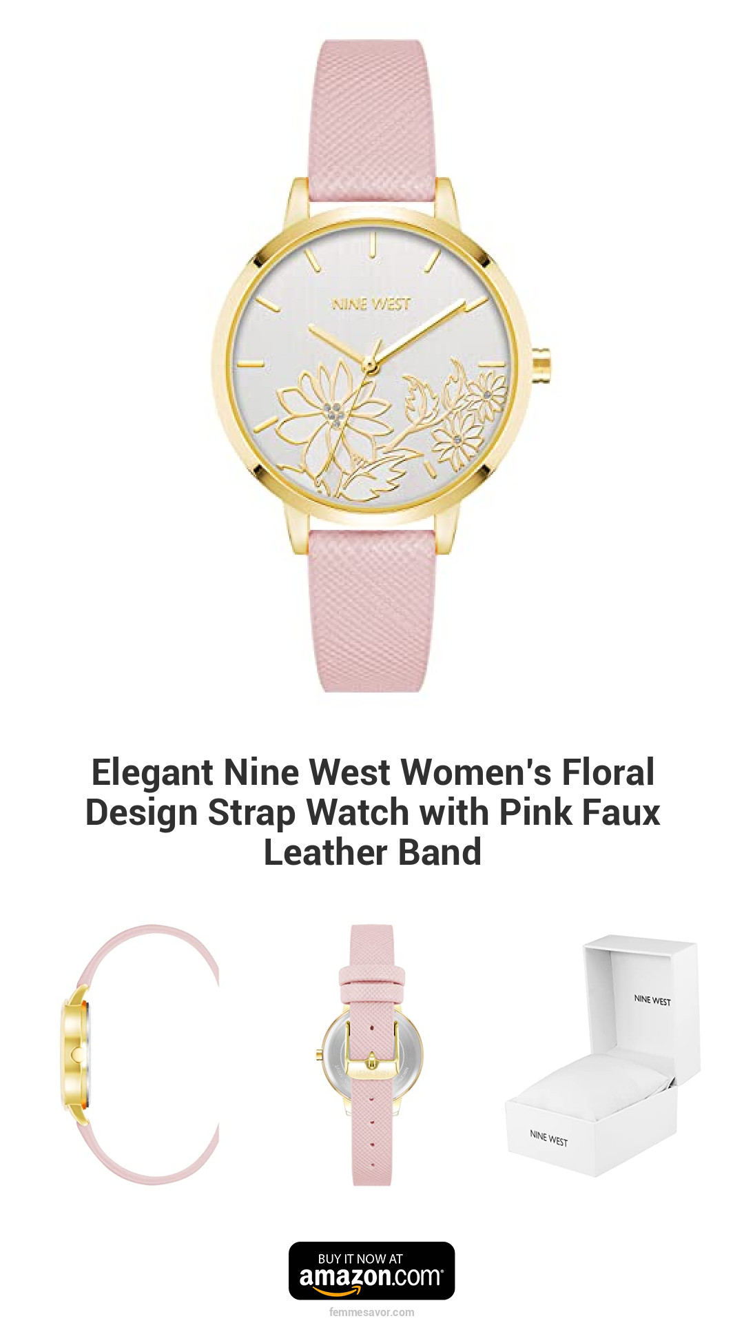 Elegant Nine West Women’s Floral Design Strap Watch with Pink Faux Leather Band Elegant Nine West Women’s Floral Design Strap Watch with Pink Faux Leather Band