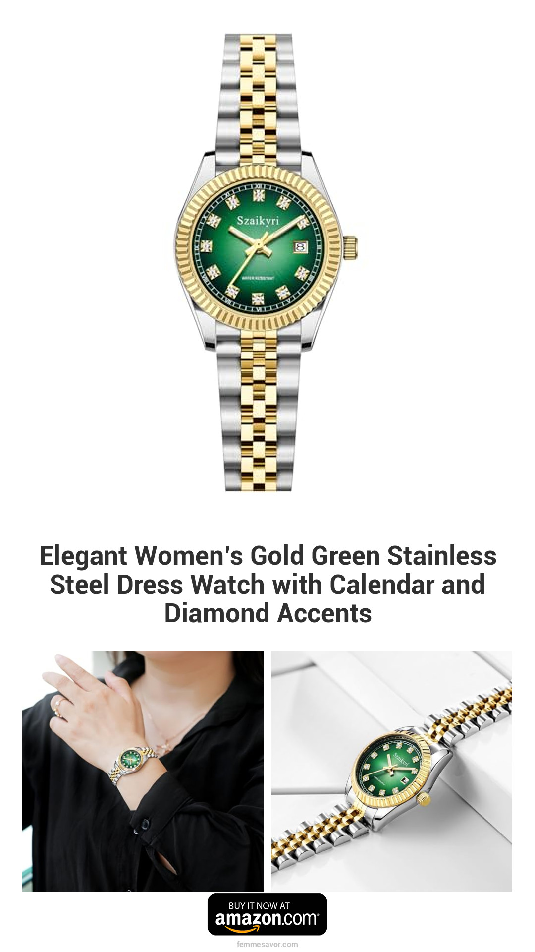Elegant Women’s Gold Green Stainless Steel Dress Watch with Calendar and Diamond Accents Elegant Women’s Gold Green Stainless Steel Dress Watch with Calendar and Diamond Accents