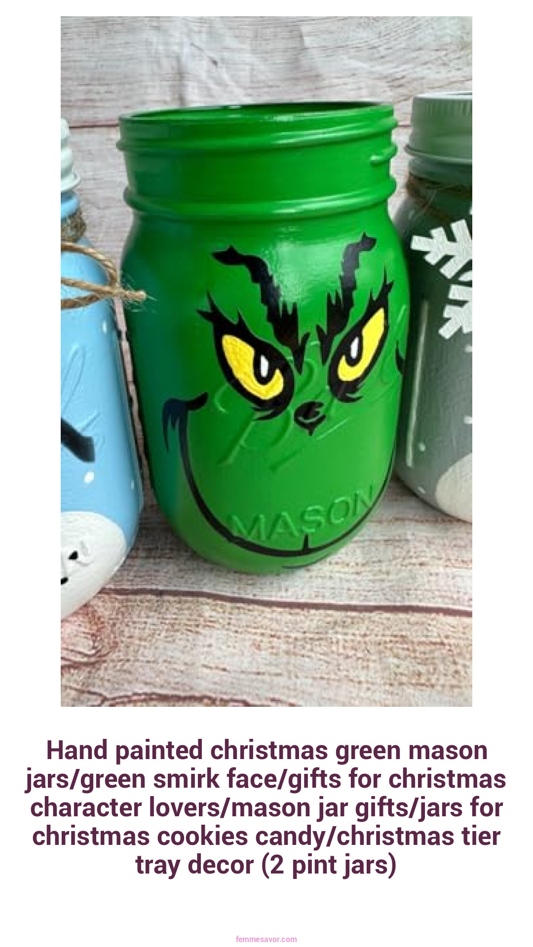 Hand painted christmas green mason jars/green smirk face/gifts for christmas character lovers/mason jar gifts/jars for christmas cookies candy/christmas tier tray decor (2 pint jars)