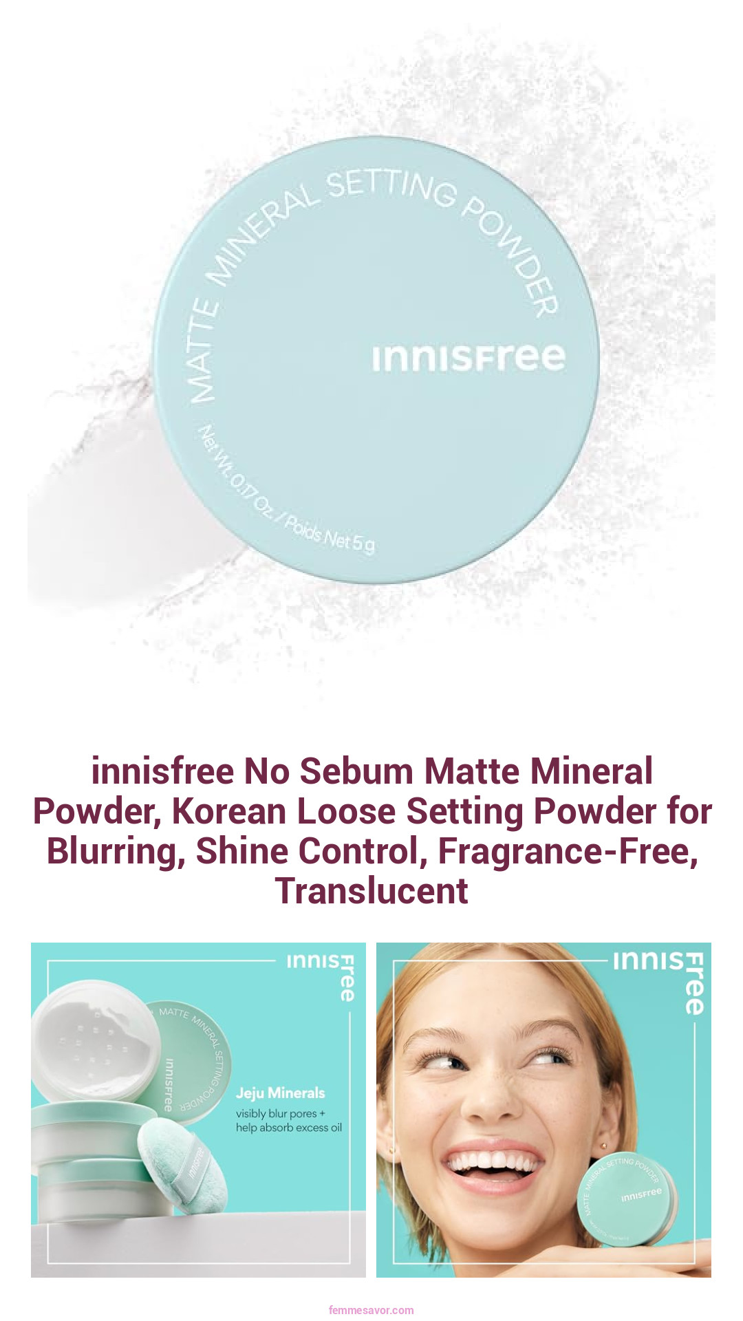 innisfree No Sebum Matte Mineral Powder, Korean Loose Setting Powder for Blurring, Shine Control, Fragrance-Free, Translucent