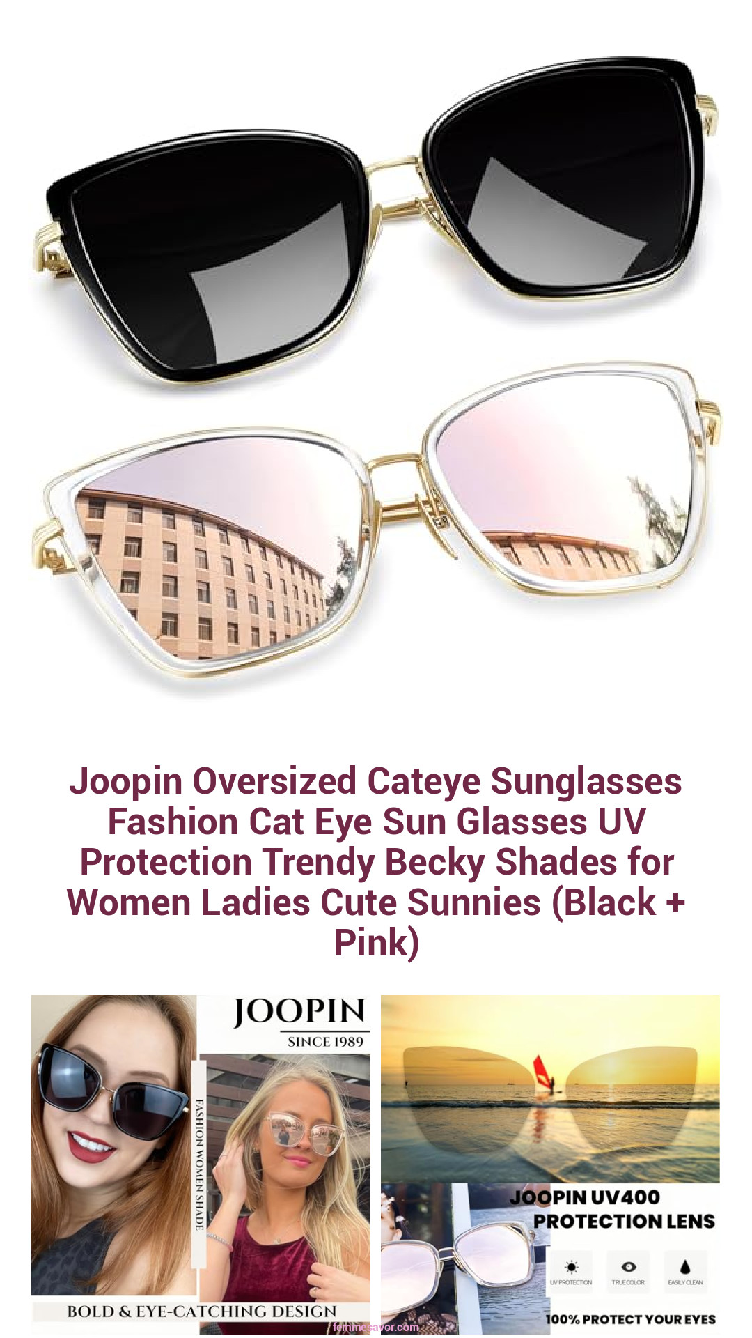 Joopin Oversized Cateye Sunglasses Fashion Cat Eye Sun Glasses UV Protection Trendy Becky Shades for Women Ladies Cute Sunnies (Black + Pink) Joopin Oversized Cateye Sunglasses Fashion Cat Eye Sun Glasses UV Protection Trendy Becky Shades for Women Ladies Cute Sunnies (Black + Pink)