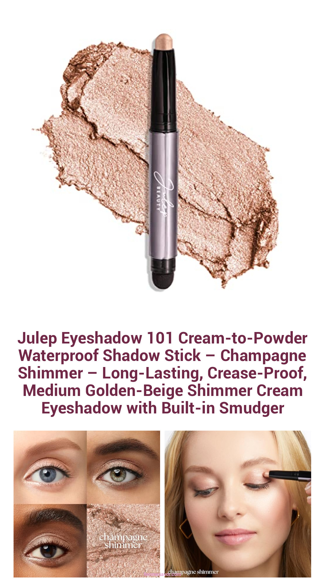 Julep Eyeshadow 101 Cream-to-Powder Waterproof Shadow Stick – Champagne Shimmer – Long-Lasting, Crease-Proof, Medium Golden-Beige Shimmer Cream Eyeshadow with Built-in Smudger