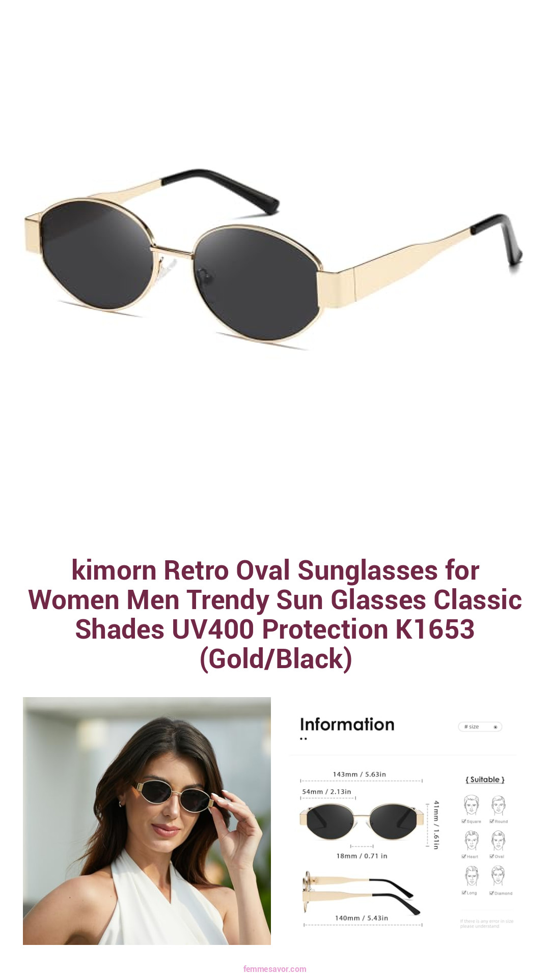 kimorn Retro Oval Sunglasses for Women Men Trendy Sun Glasses Classic Shades UV400 Protection K1653 (Gold/Black)