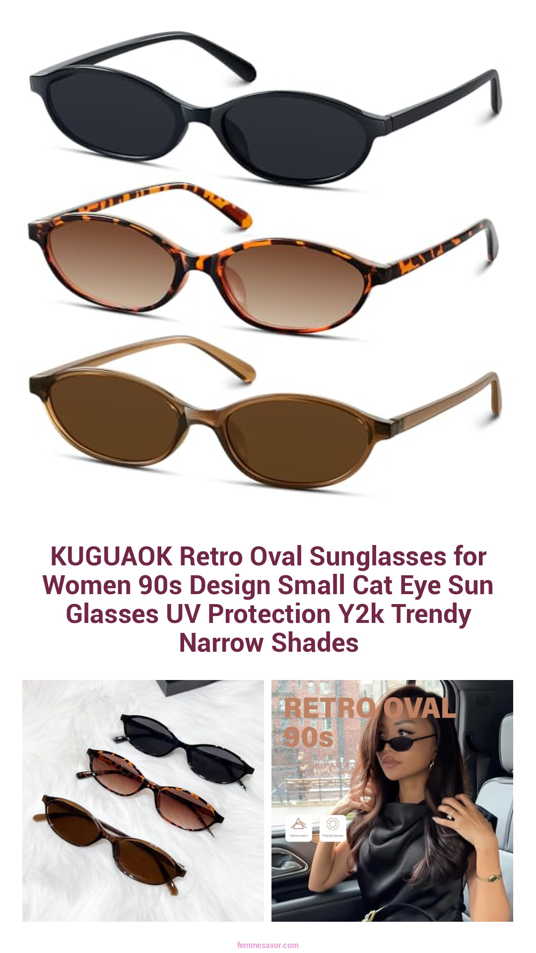 KUGUAOK Retro Oval Sunglasses for Women 90s Design Small Cat Eye Sun Glasses UV Protection Y2k Trendy Narrow Shades KUGUAOK Retro Oval Sunglasses for Women 90s Design Small Cat Eye Sun Glasses UV Protection Y2k Trendy Narrow Shades