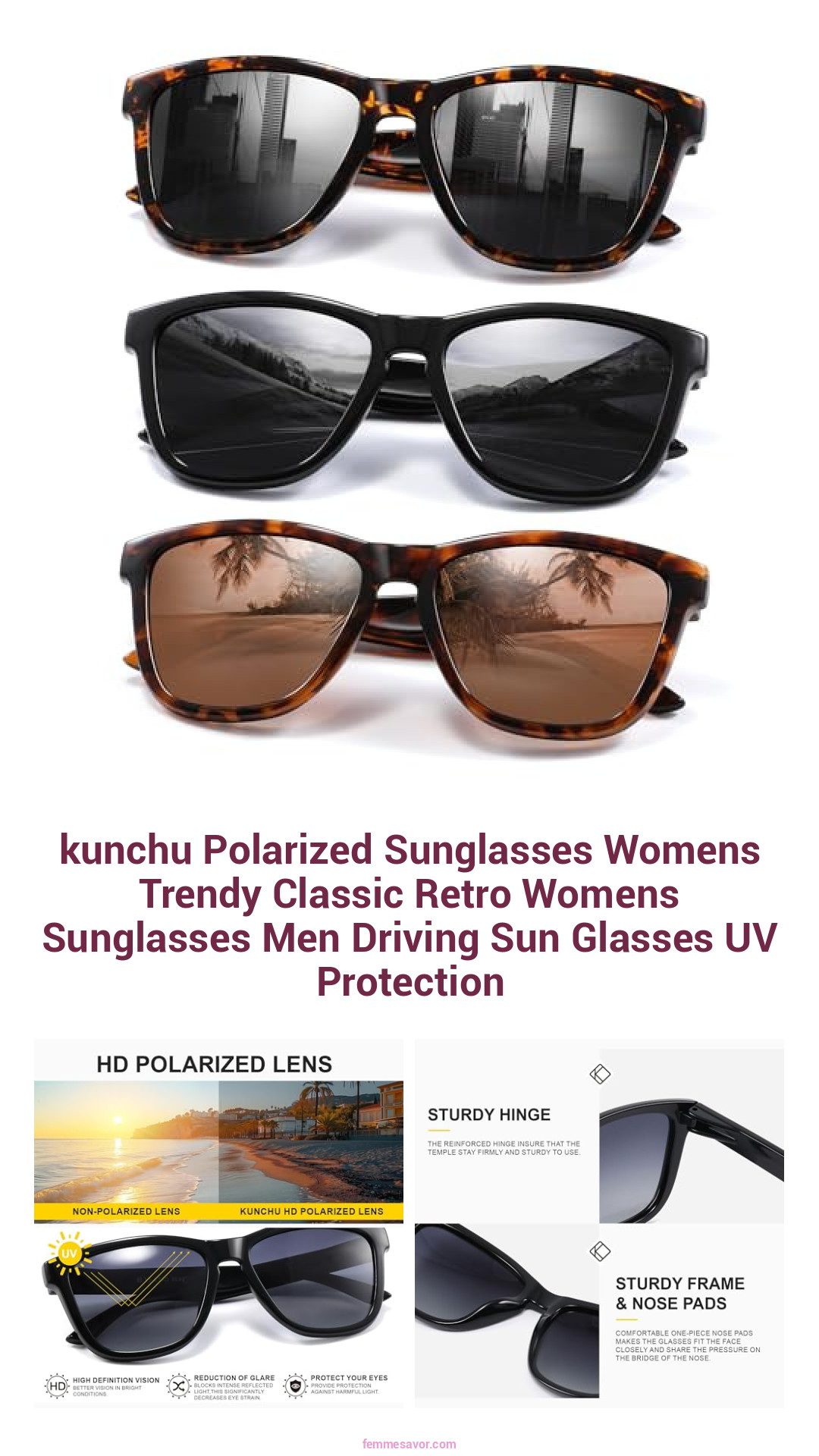 kunchu Polarized Sunglasses Womens Trendy Classic Retro Womens Sunglasses Men Driving Sun Glasses UV Protection kunchu Polarized Sunglasses Womens Trendy Classic Retro Womens Sunglasses Men Driving Sun Glasses UV Protection