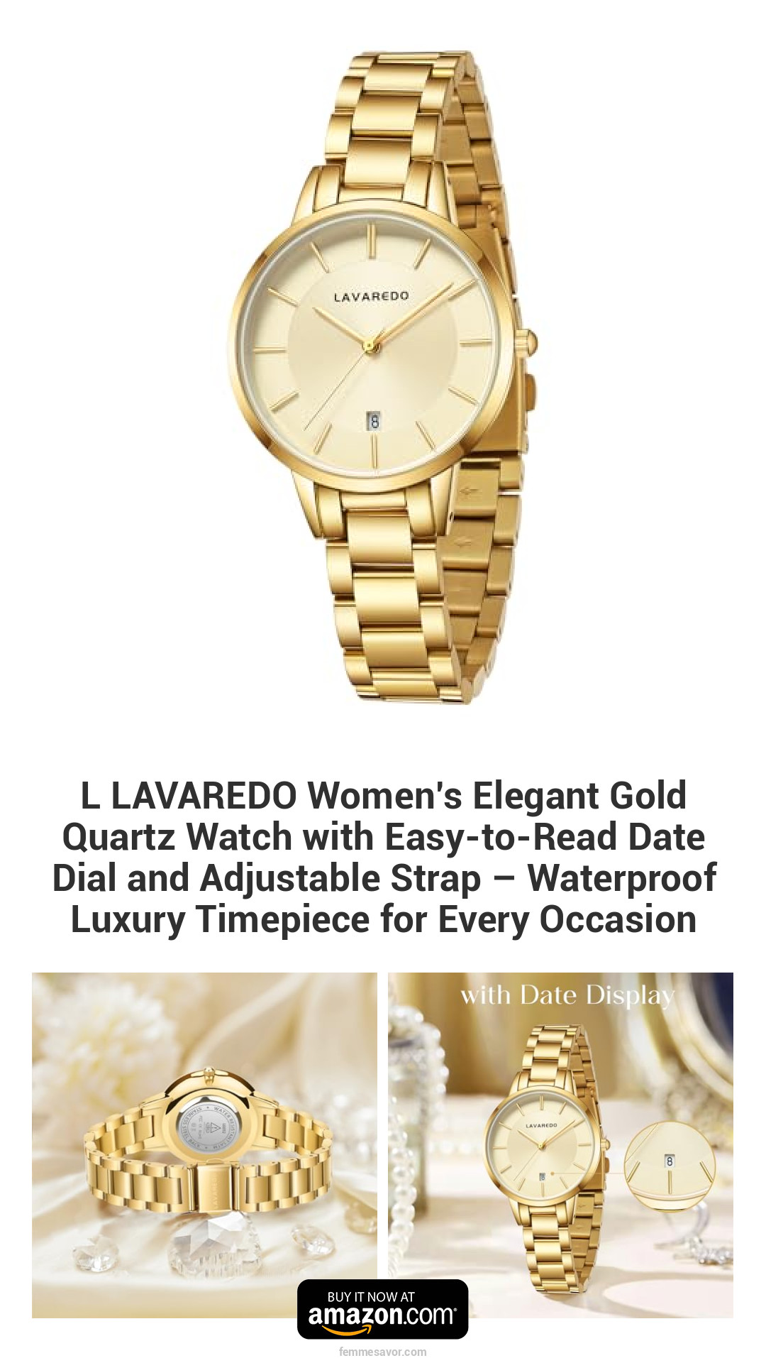 L LAVAREDO Women’s Elegant Gold Quartz Watch with Easy-to-Read Date Dial and Adjustable Strap – Waterproof Luxury Timepiece for Every Occasion L LAVAREDO Women’s Elegant Gold Quartz Watch with Easy-to-Read Date Dial and Adjustable Strap – Waterproof Luxury Timepiece for Every Occasion