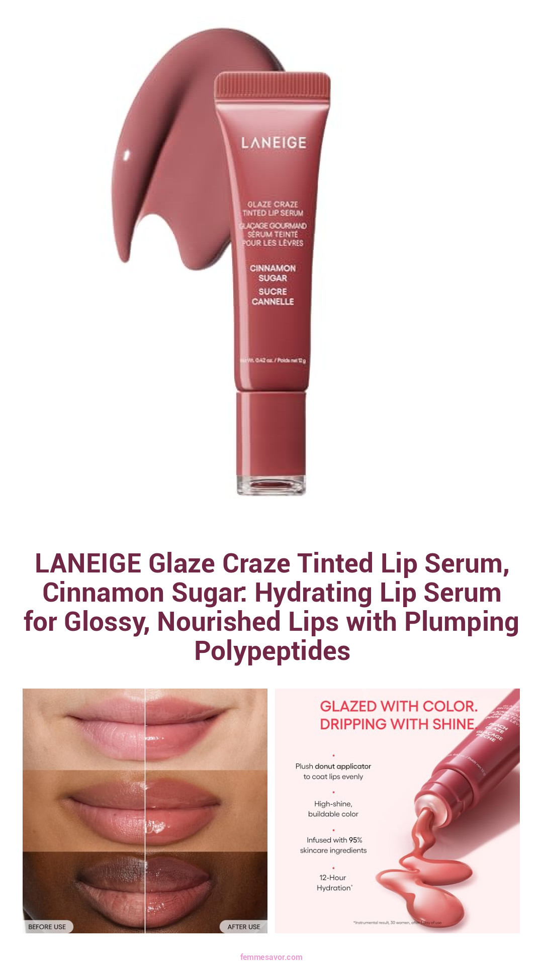 LANEIGE Glaze Craze Tinted Lip Serum, Cinnamon Sugar: Hydrating Lip Serum for Glossy, Nourished Lips with Plumping Polypeptides