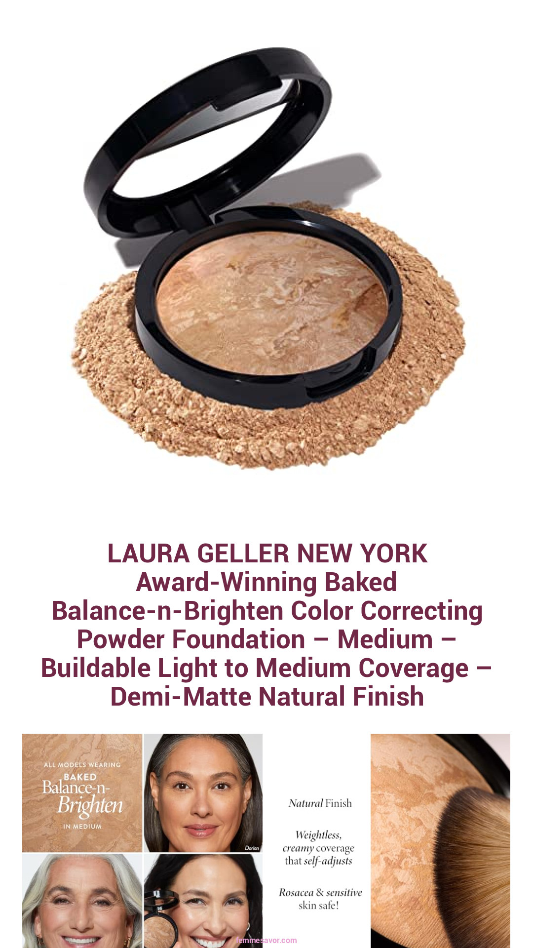 LAURA GELLER NEW YORK Award-Winning Baked Balance-n-Brighten Color Correcting Powder Foundation – Medium – Buildable Light to Medium Coverage – Demi-Matte Natural Finish