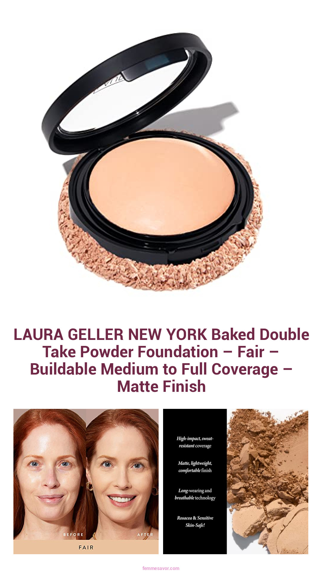 LAURA GELLER NEW YORK Baked Double Take Powder Foundation – Fair – Buildable Medium to Full Coverage – Matte Finish