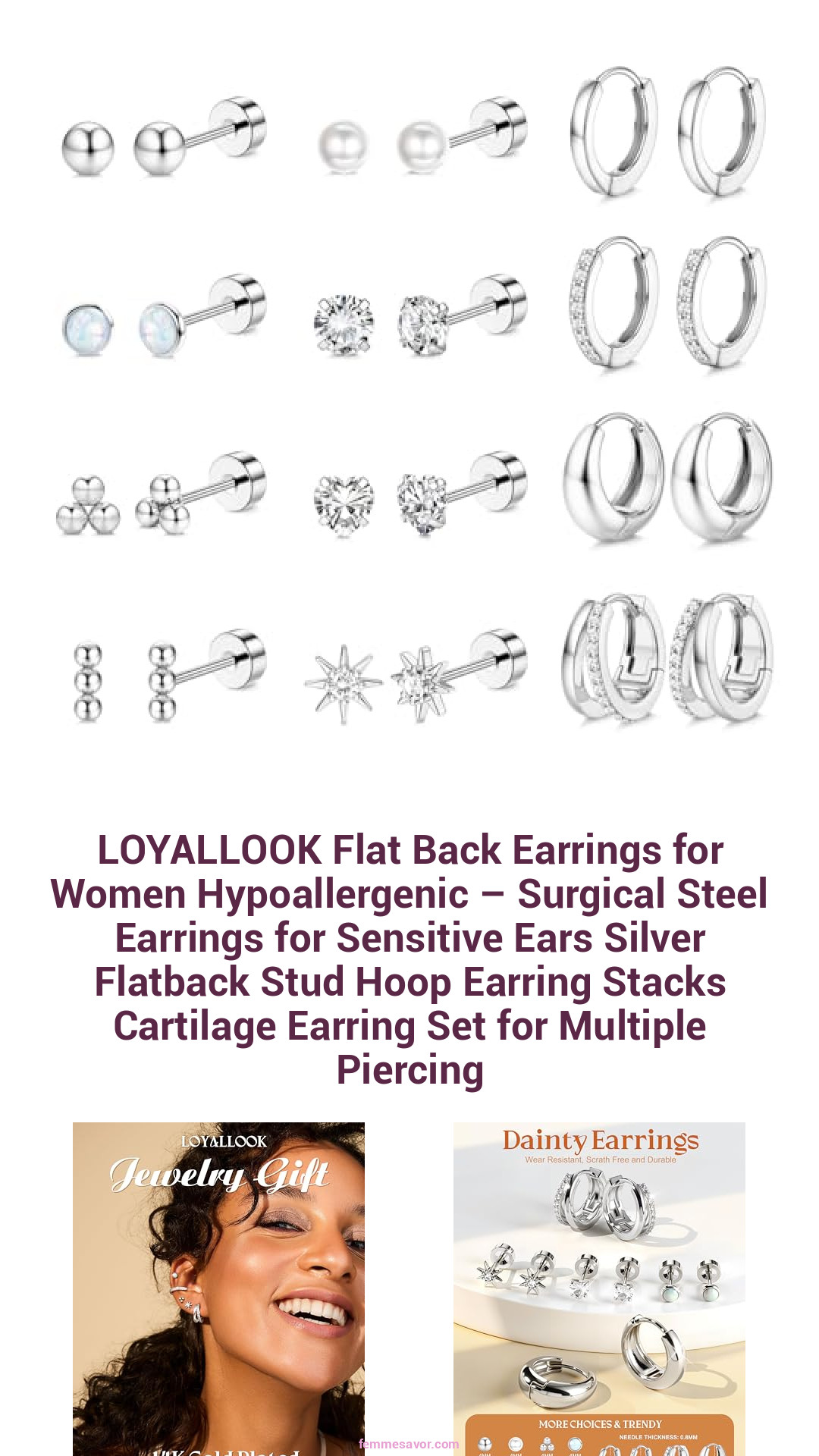 LOYALLOOK Flat Back Earrings for Women Hypoallergenic – Surgical Steel Earrings for Sensitive Ears Silver Flatback Stud Hoop Earring Stacks Cartilage Earring Set for Multiple Piercing