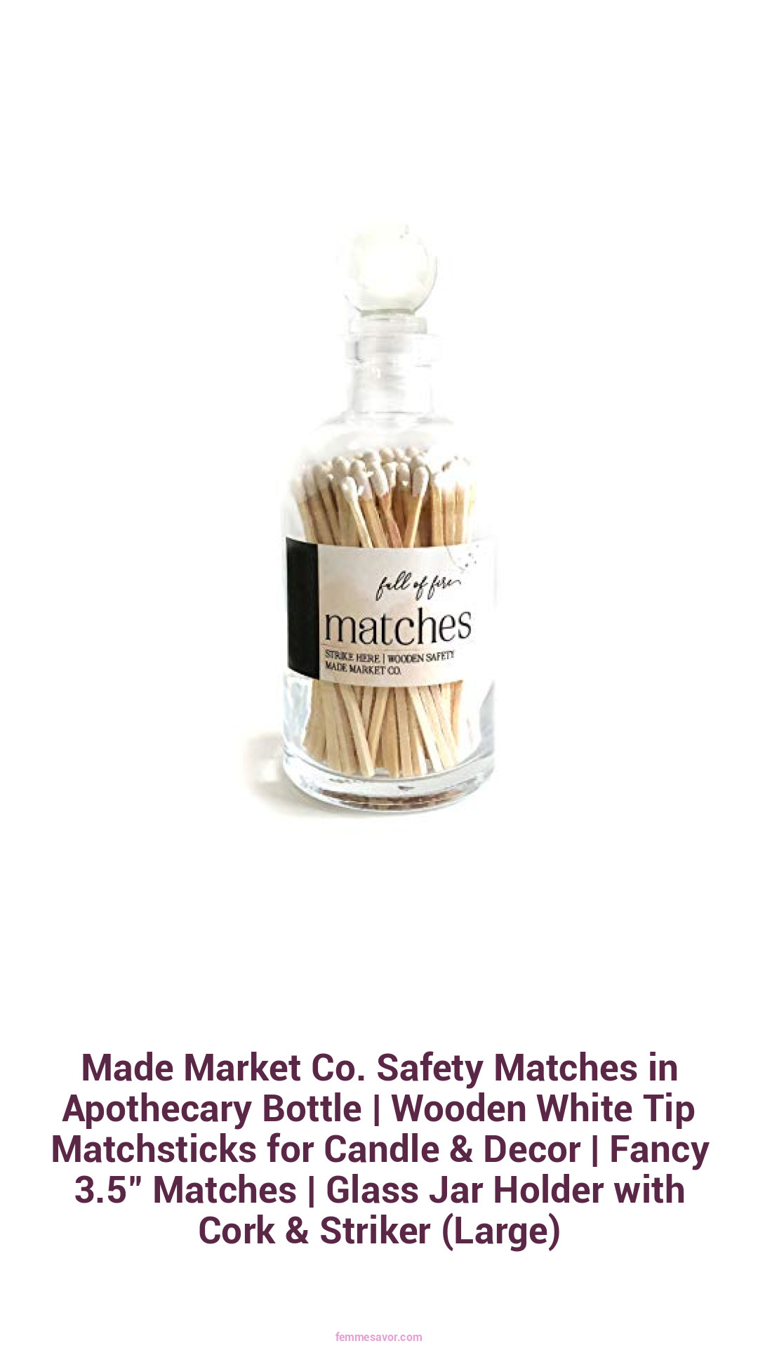 Made Market Co. Safety Matches in Apothecary Bottle | Wooden White Tip Matchsticks for Candle & Decor | Fancy 3.5" Matches | Glass Jar Holder with Cork & Striker (Large)