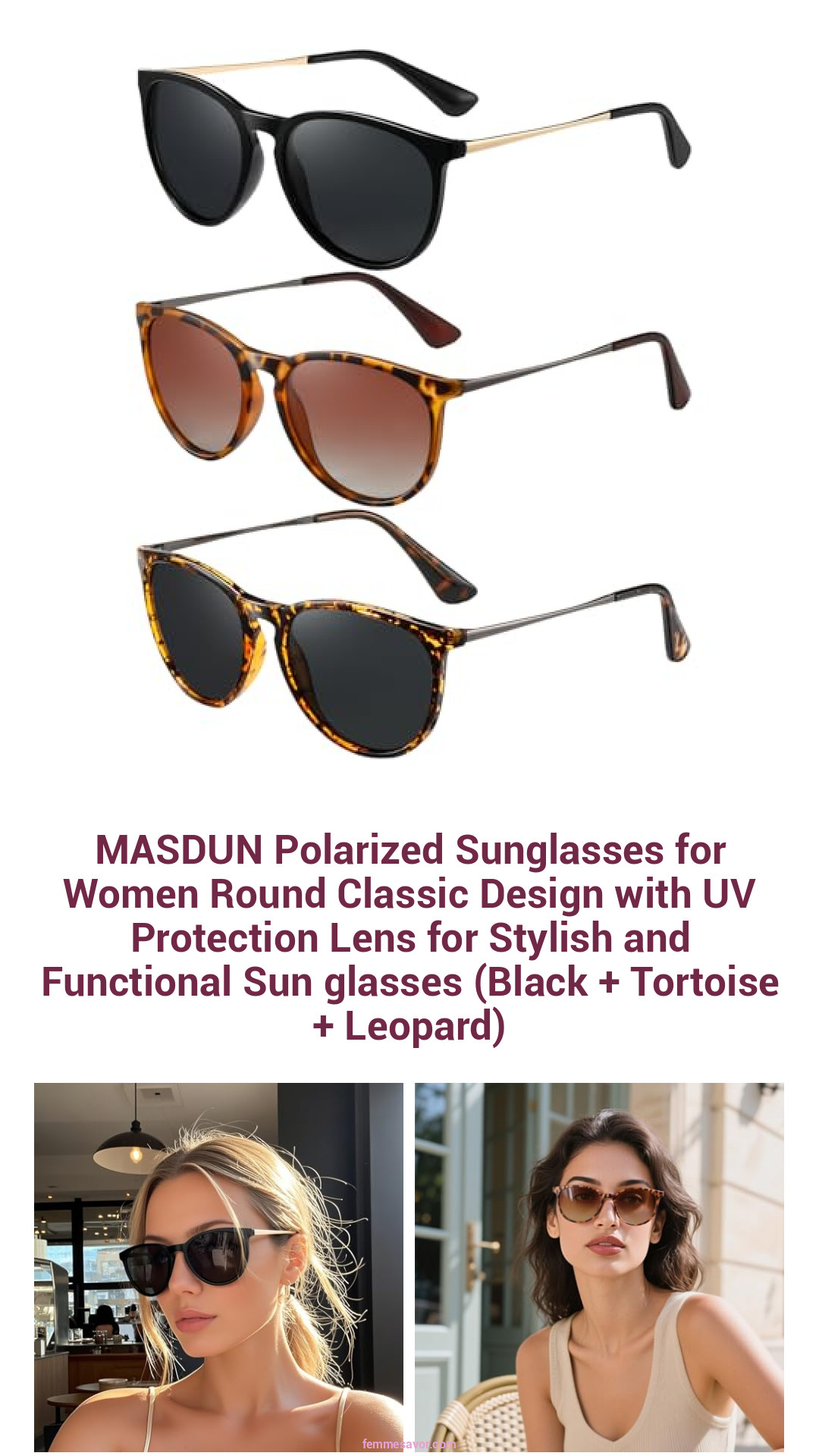 MASDUN Polarized Sunglasses for Women Round Classic Design with UV Protection Lens for Stylish and Functional Sun glasses (Black + Tortoise + Leopard)