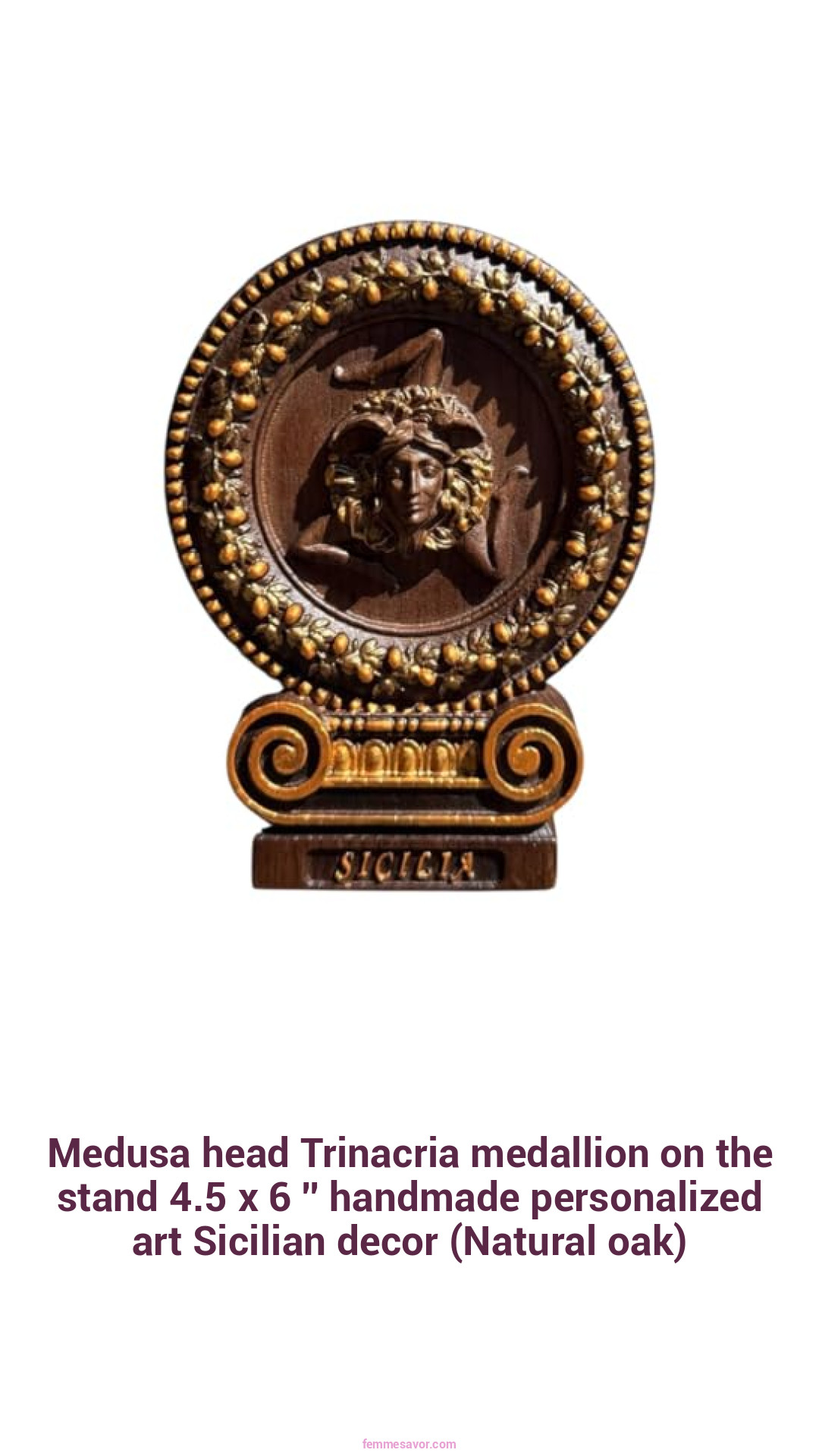 Medusa head Trinacria medallion on the stand 4.5 x 6 '' handmade personalized art Sicilian decor (Natural oak)