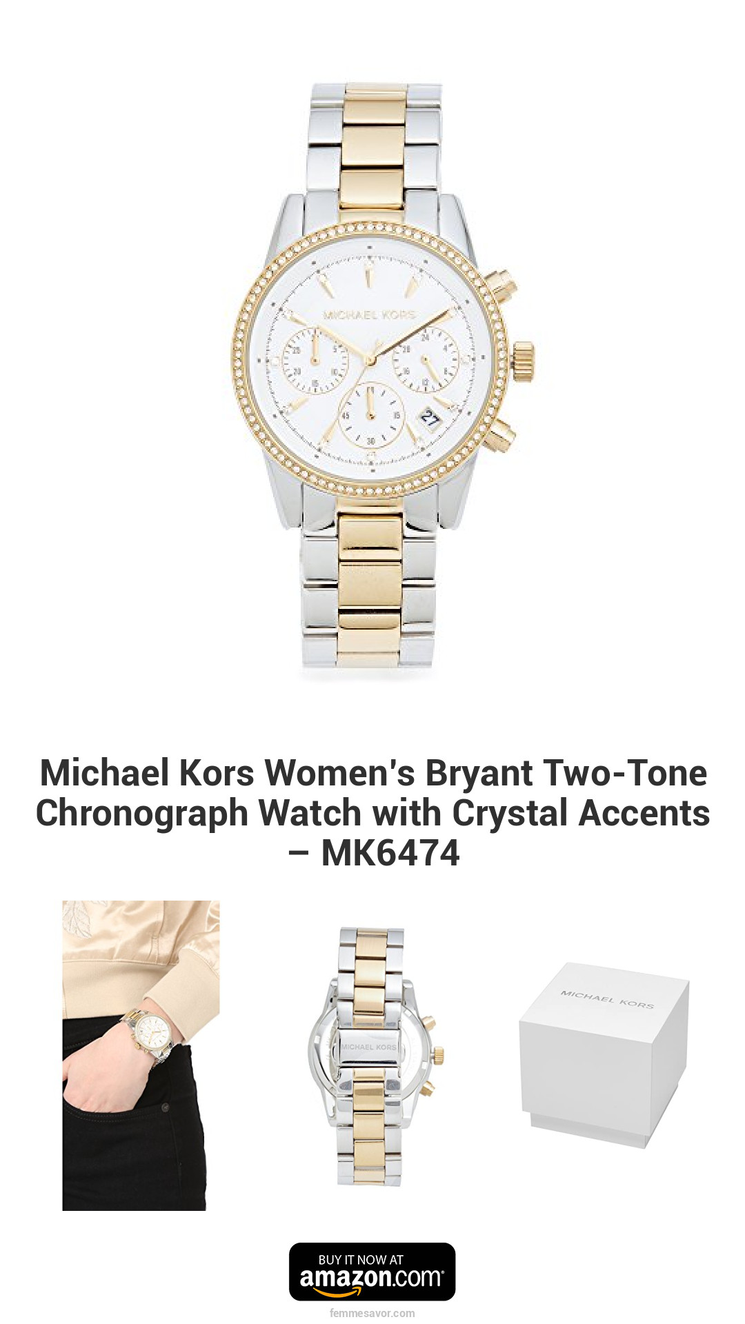 Michael Kors Women’s Bryant Two-Tone Chronograph Watch with Crystal Accents – MK6474 Michael Kors Women’s Bryant Two-Tone Chronograph Watch with Crystal Accents – MK6474