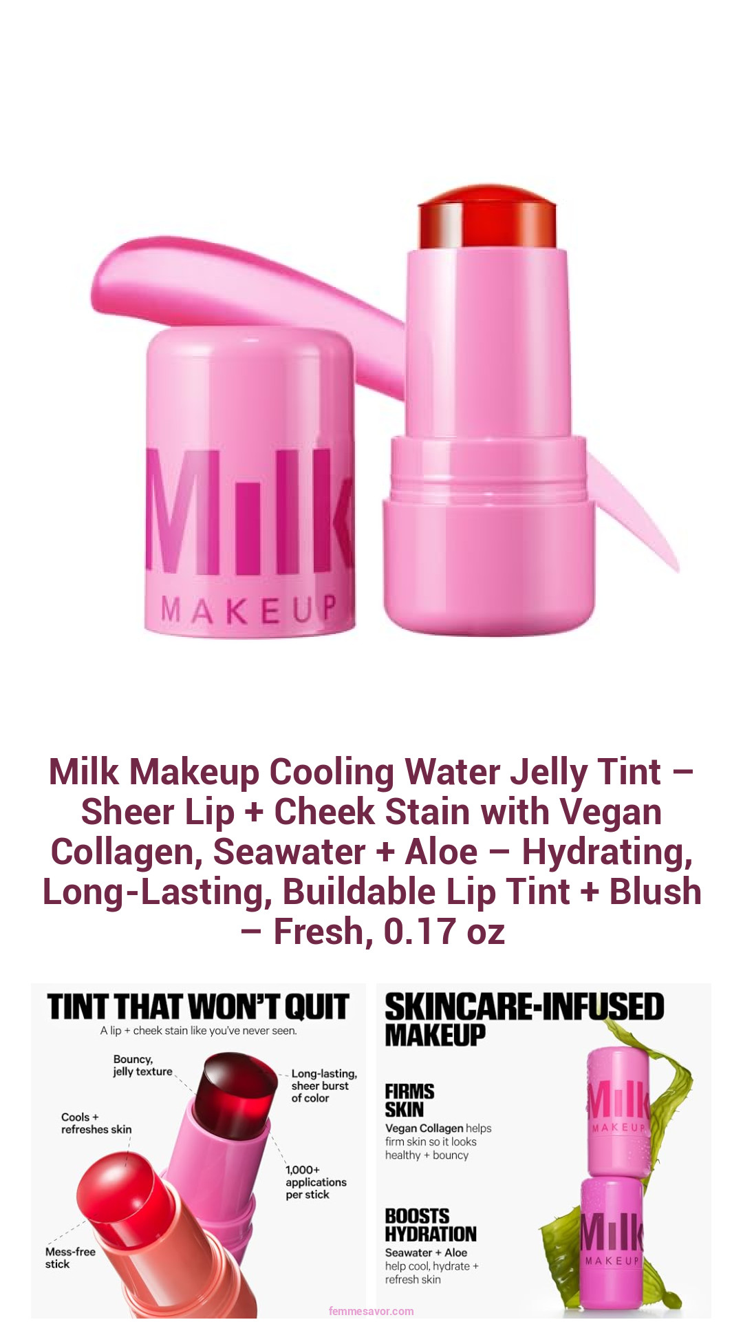 Milk Makeup Cooling Water Jelly Tint – Sheer Lip + Cheek Stain with Vegan Collagen, Seawater + Aloe – Hydrating, Long-Lasting, Buildable Lip Tint + Blush – Fresh, 0.17 oz