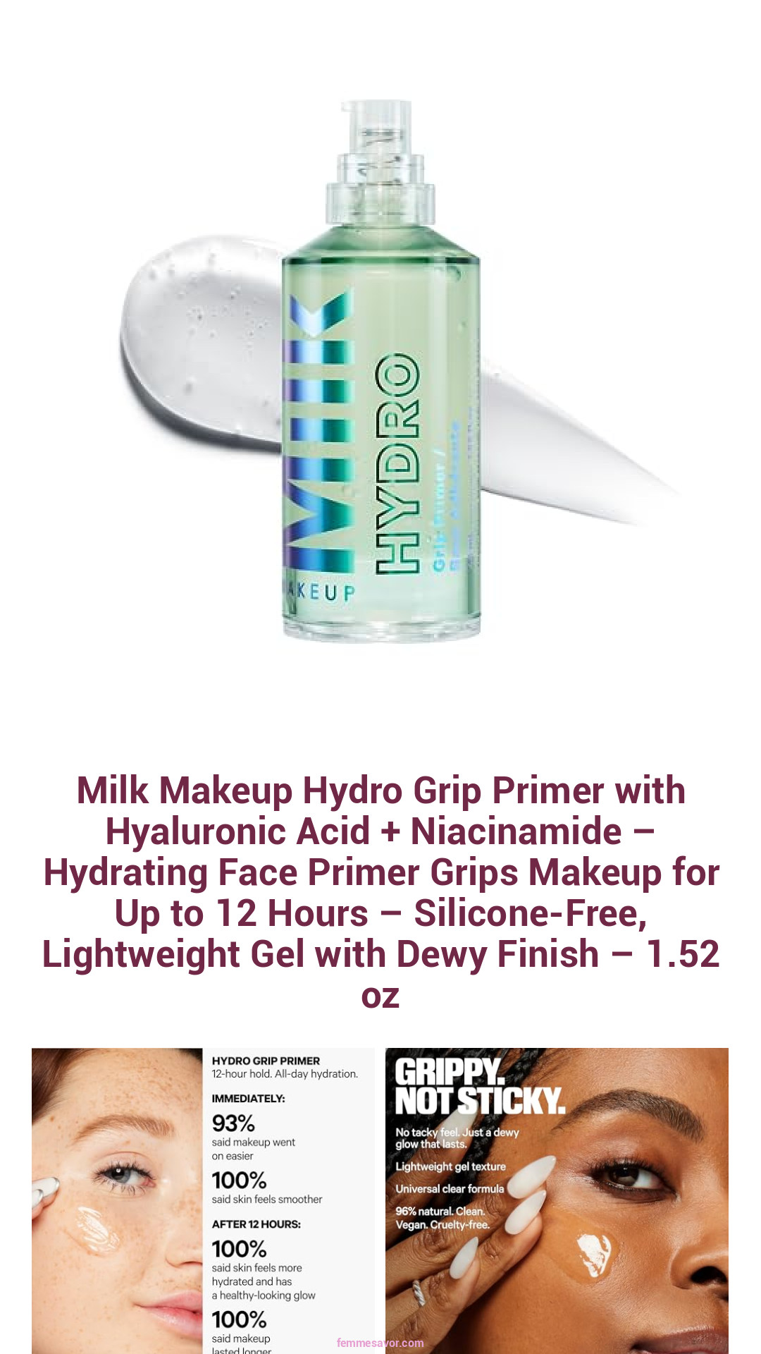 Milk Makeup Hydro Grip Primer with Hyaluronic Acid + Niacinamide – Hydrating Face Primer Grips Makeup for Up to 12 Hours – Silicone-Free, Lightweight Gel with Dewy Finish – 1.52 oz
