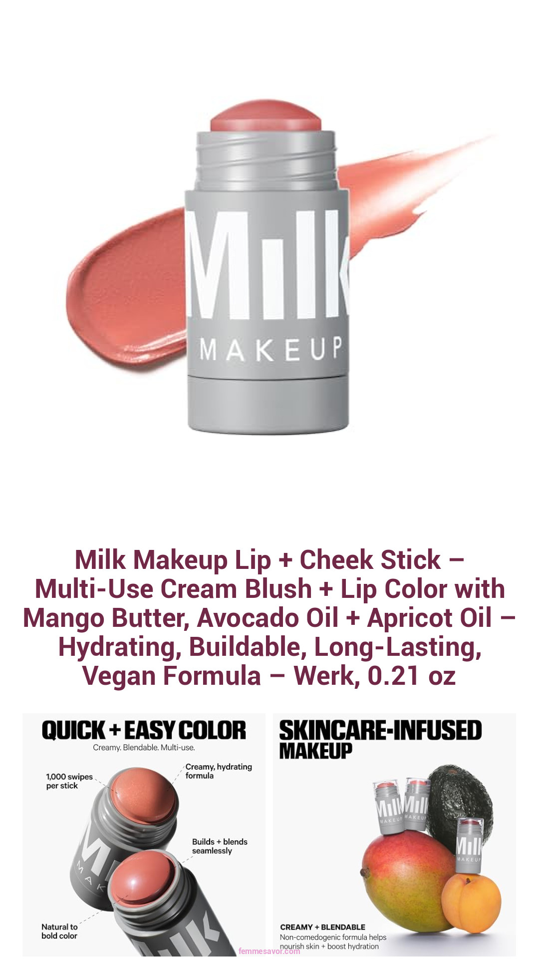 Milk Makeup Lip + Cheek Stick – Multi-Use Cream Blush + Lip Color with Mango Butter, Avocado Oil + Apricot Oil – Hydrating, Buildable, Long-Lasting, Vegan Formula – Werk, 0.21 oz