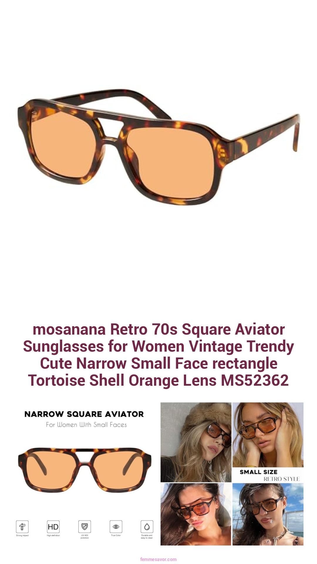 mosanana Retro 70s Square Aviator Sunglasses for Women Vintage Trendy Cute Narrow Small Face rectangle Tortoise Shell Orange Lens MS52362