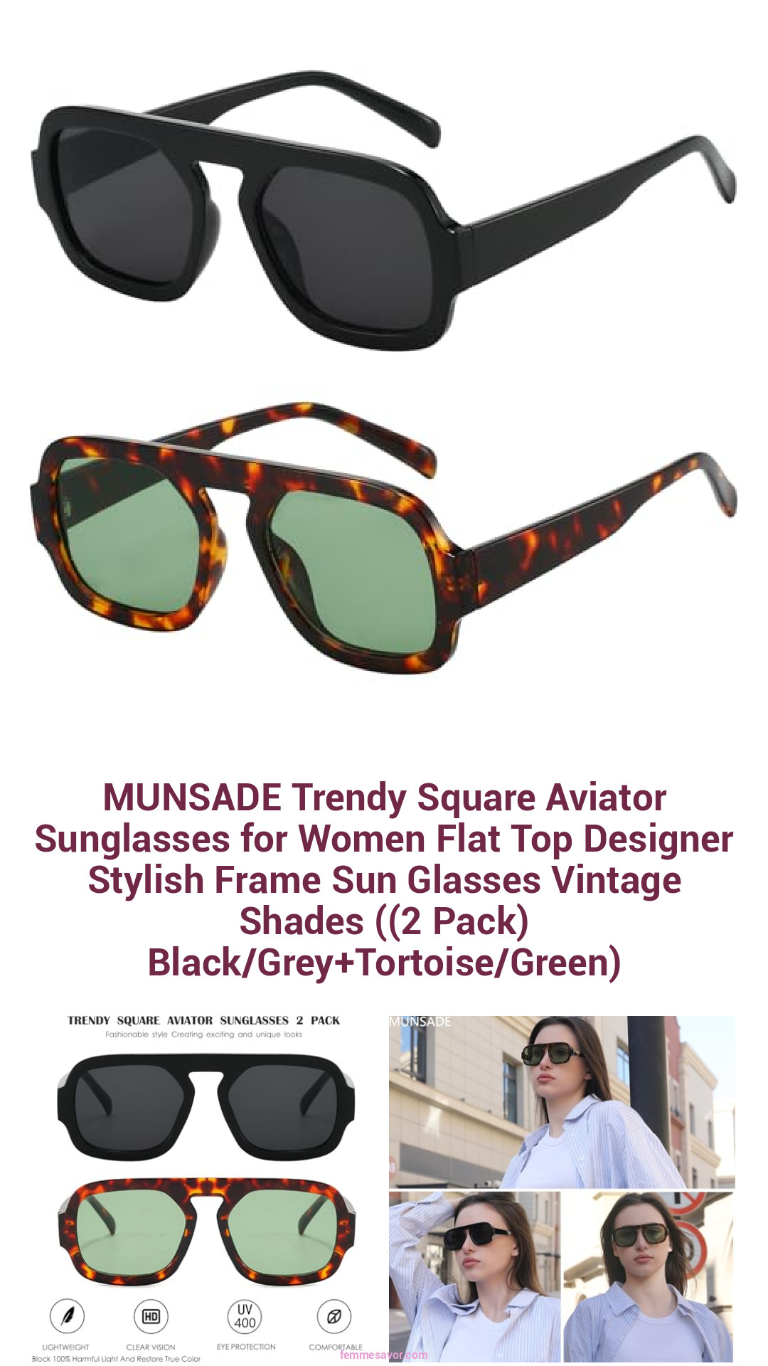 MUNSADE Trendy Square Aviator Sunglasses for Women Flat Top Designer Stylish Frame Sun Glasses Vintage Shades ((2 Pack) Black/Grey+Tortoise/Green) MUNSADE Trendy Square Aviator Sunglasses for Women Flat Top Designer Stylish Frame Sun Glasses Vintage Shades ((2 Pack) Black/Grey+Tortoise/Green)
