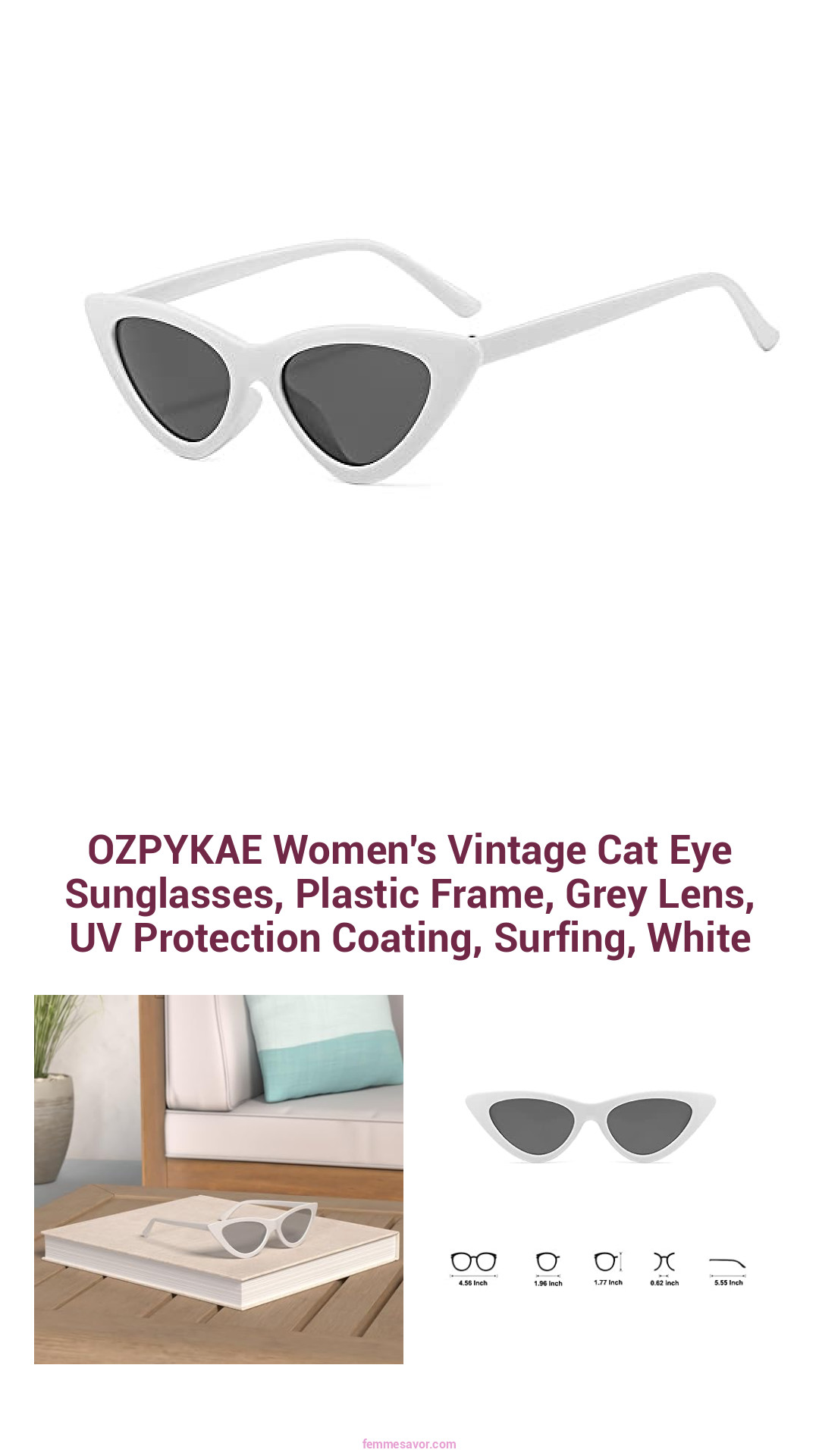 OZPYKAE Women's Vintage Cat Eye Sunglasses, Plastic Frame, Grey Lens, UV Protection Coating, Surfing, White
