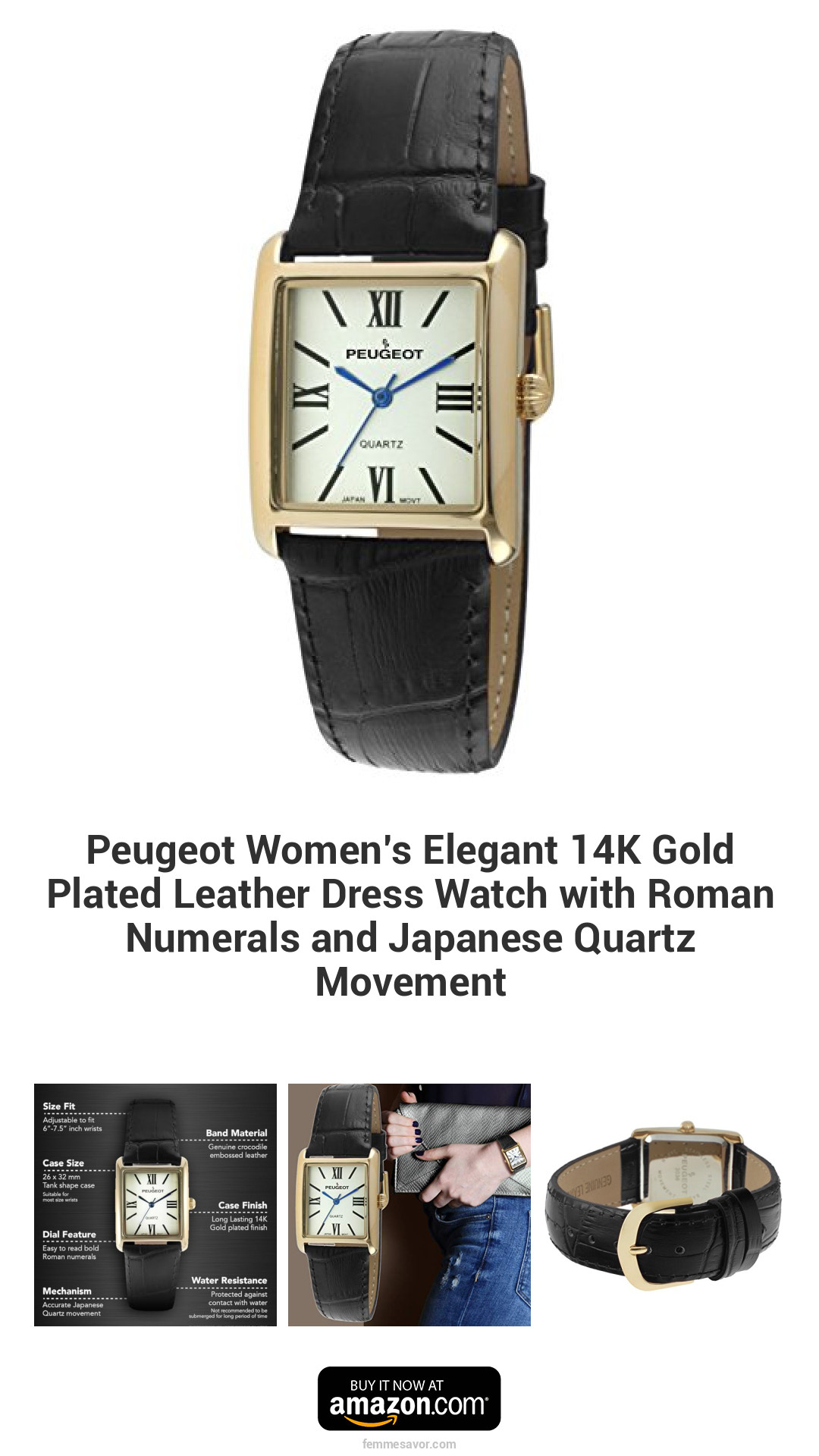 Peugeot Women’s Elegant 14K Gold Plated Leather Dress Watch with Roman Numerals and Japanese Quartz Movement Peugeot Women’s Elegant 14K Gold Plated Leather Dress Watch with Roman Numerals and Japanese Quartz Movement