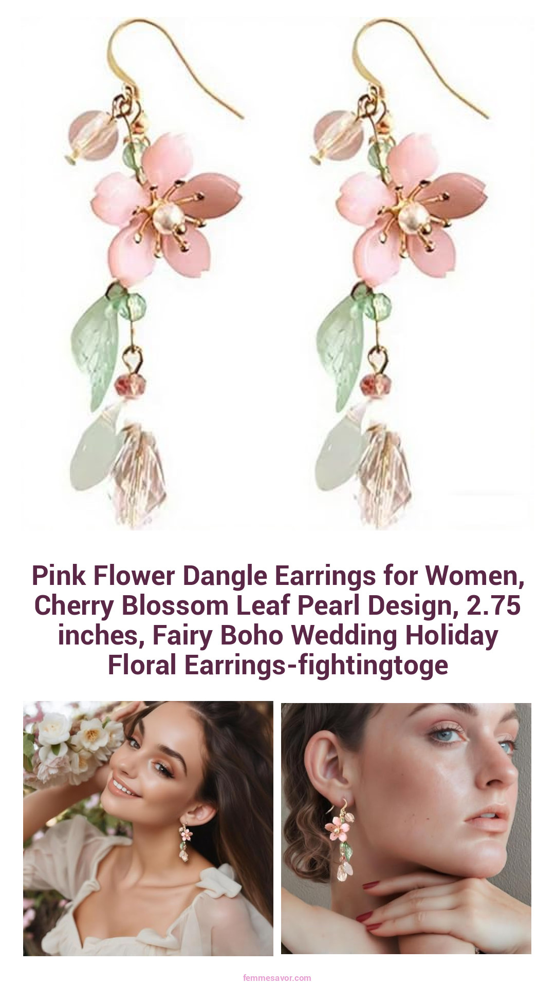 Pink Flower Dangle Earrings for Women, Cherry Blossom Leaf Pearl Design, 2.75 inches, Fairy Boho Wedding Holiday Floral Earrings-fightingtoge