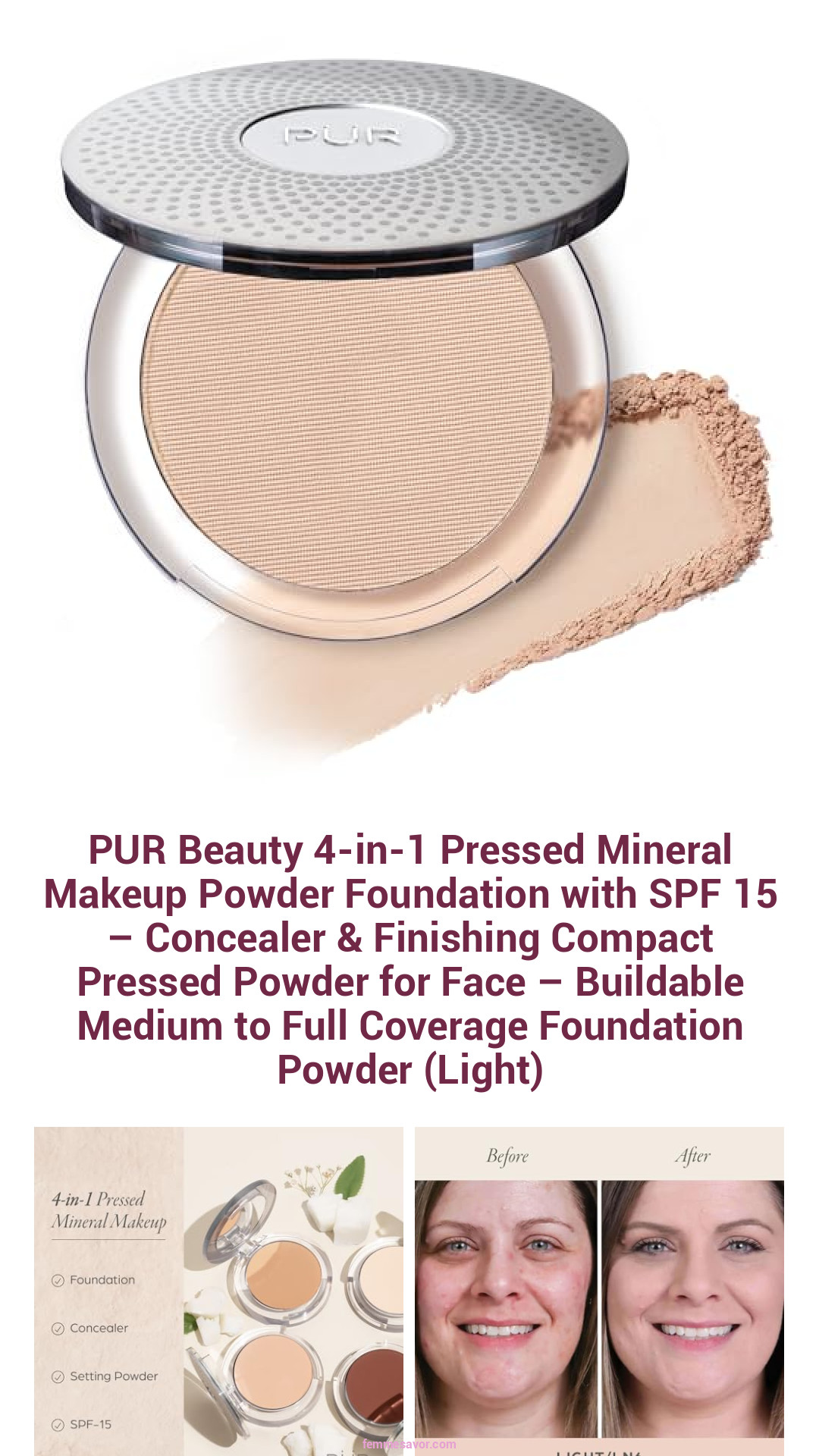 PUR Beauty 4-in-1 Pressed Mineral Makeup Powder Foundation with SPF 15 – Concealer & Finishing Compact Pressed Powder for Face – Buildable Medium to Full Coverage Foundation Powder (Light)