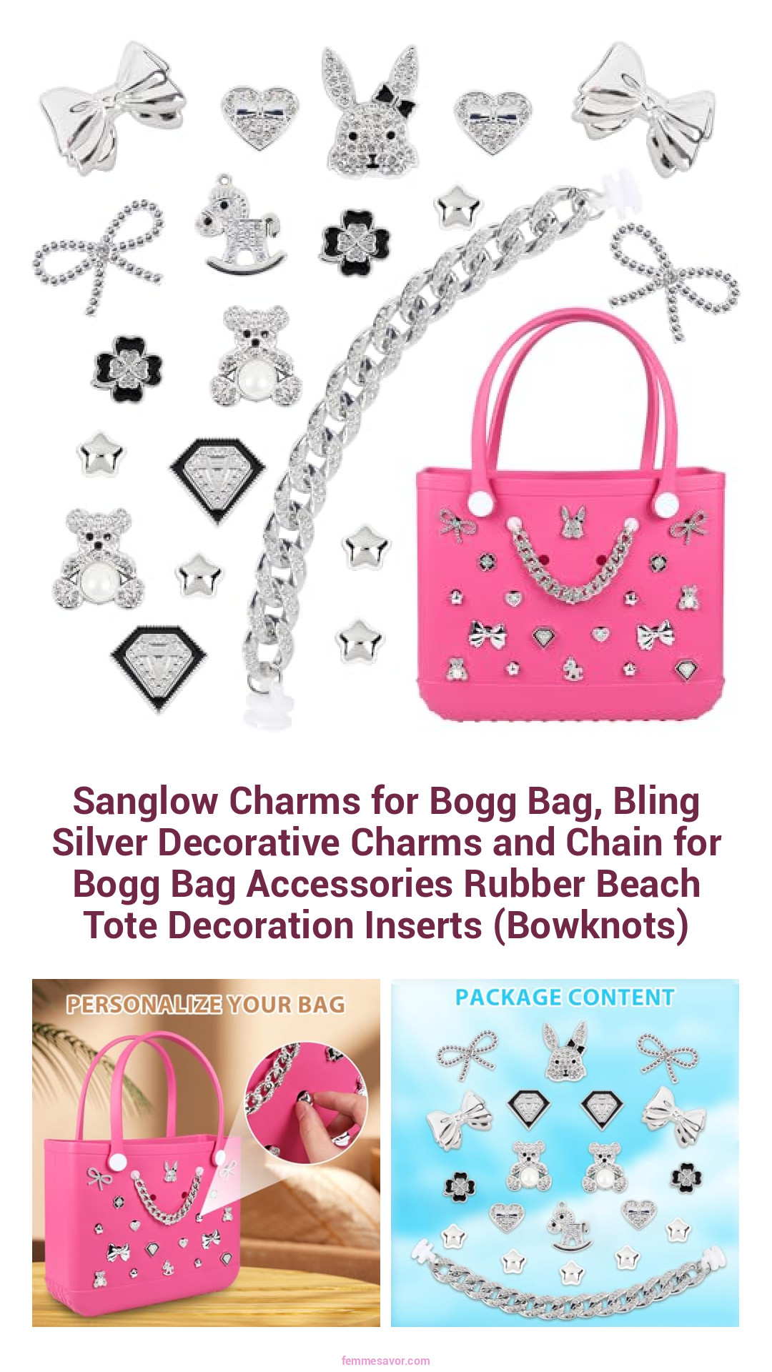 Sanglow Charms for Bogg Bag, Bling Silver Decorative Charms and Chain for Bogg Bag Accessories Rubber Beach Tote Decoration Inserts (Bowknots) Sanglow Charms for Bogg Bag, Bling Silver Decorative Charms and Chain for Bogg Bag Accessories Rubber Beach Tote Decoration Inserts (Bowknots)