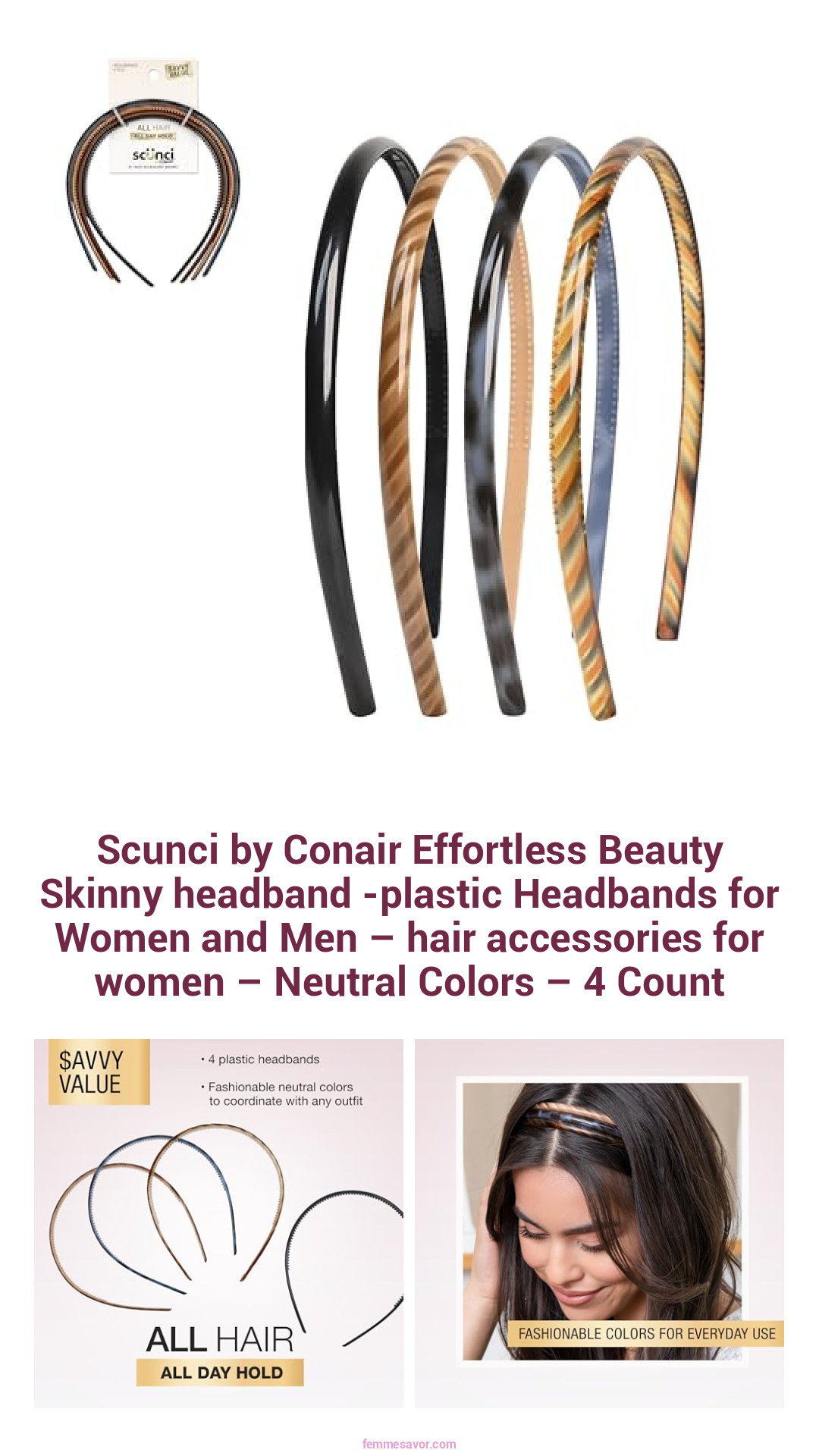Scunci by Conair Effortless Beauty Skinny headband -plastic Headbands for Women and Men – hair accessories for women – Neutral Colors – 4 Count Scunci by Conair Effortless Beauty Skinny headband -plastic Headbands for Women and Men – hair accessories for women – Neutral Colors – 4 Count