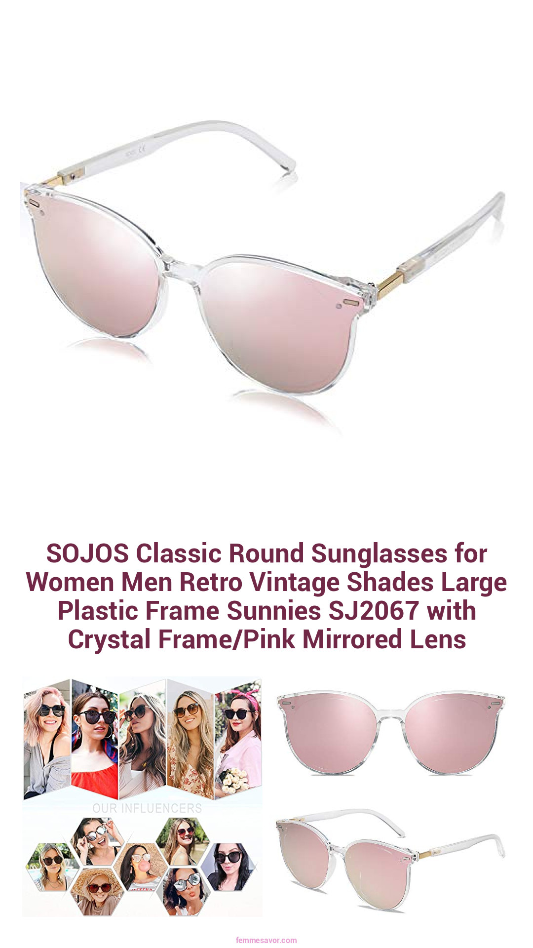 SOJOS Classic Round Sunglasses for Women Men Retro Vintage Shades Large Plastic Frame Sunnies SJ2067 with Crystal Frame/Pink Mirrored Lens