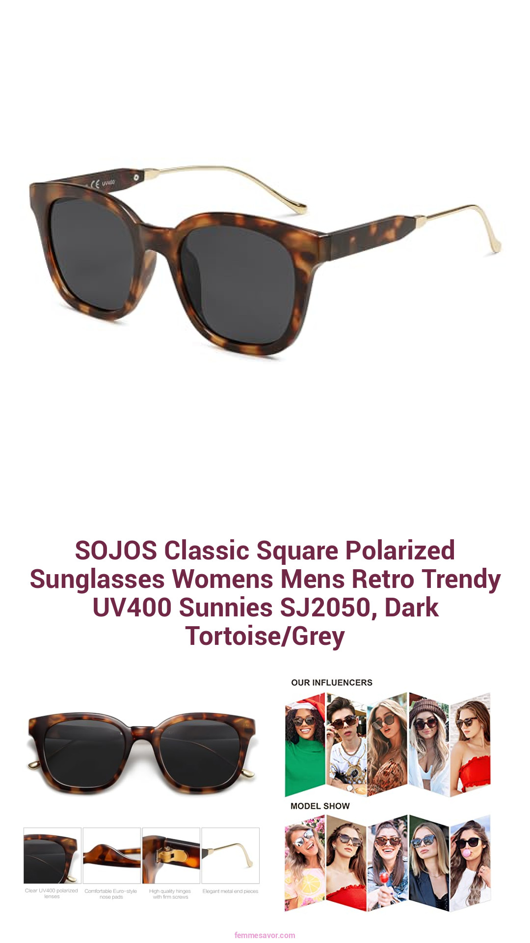 SOJOS Classic Square Polarized Sunglasses Womens Mens Retro Trendy UV400 Sunnies SJ2050, Dark Tortoise/Grey
