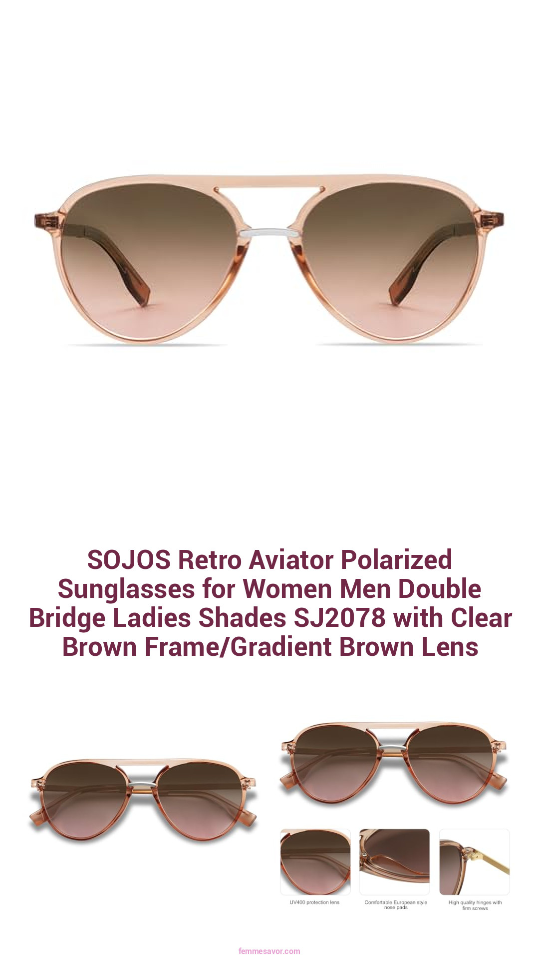 SOJOS Retro Aviator Polarized Sunglasses for Women Men Double Bridge Ladies Shades SJ2078 with Clear Brown Frame/Gradient Brown Lens
