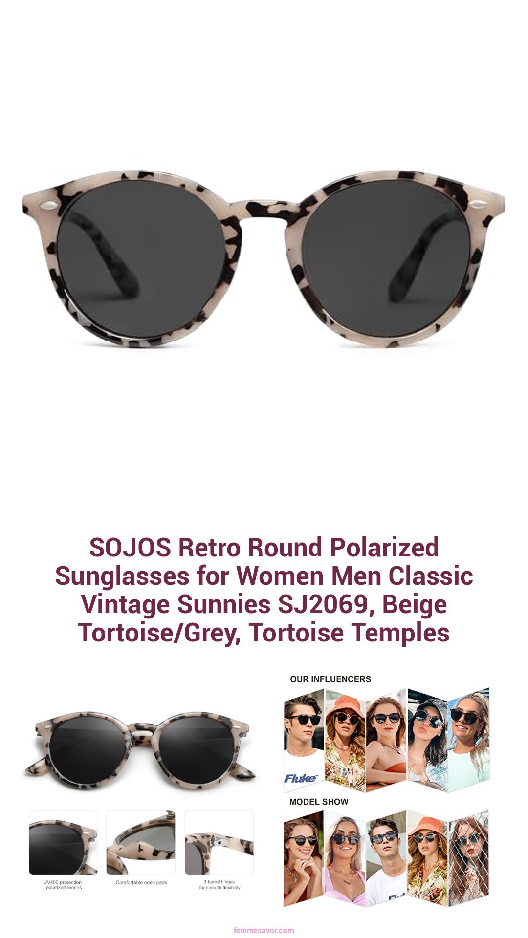 SOJOS Retro Round Polarized Sunglasses for Women Men Classic Vintage Sunnies SJ2069, Beige Tortoise/Grey, Tortoise Temples