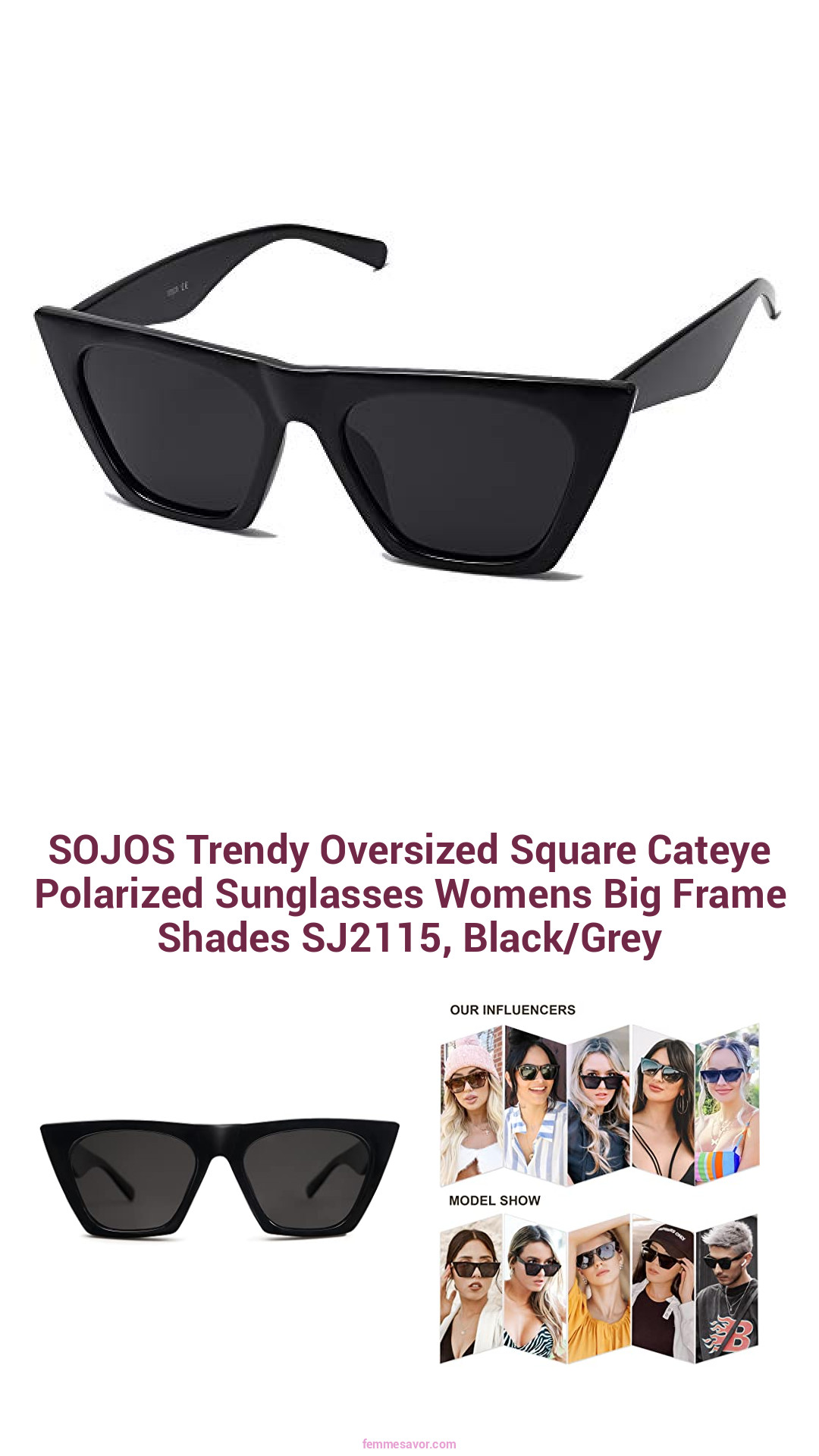 SOJOS Trendy Oversized Square Cateye Polarized Sunglasses Womens Big Frame Shades SJ2115, Black/Grey