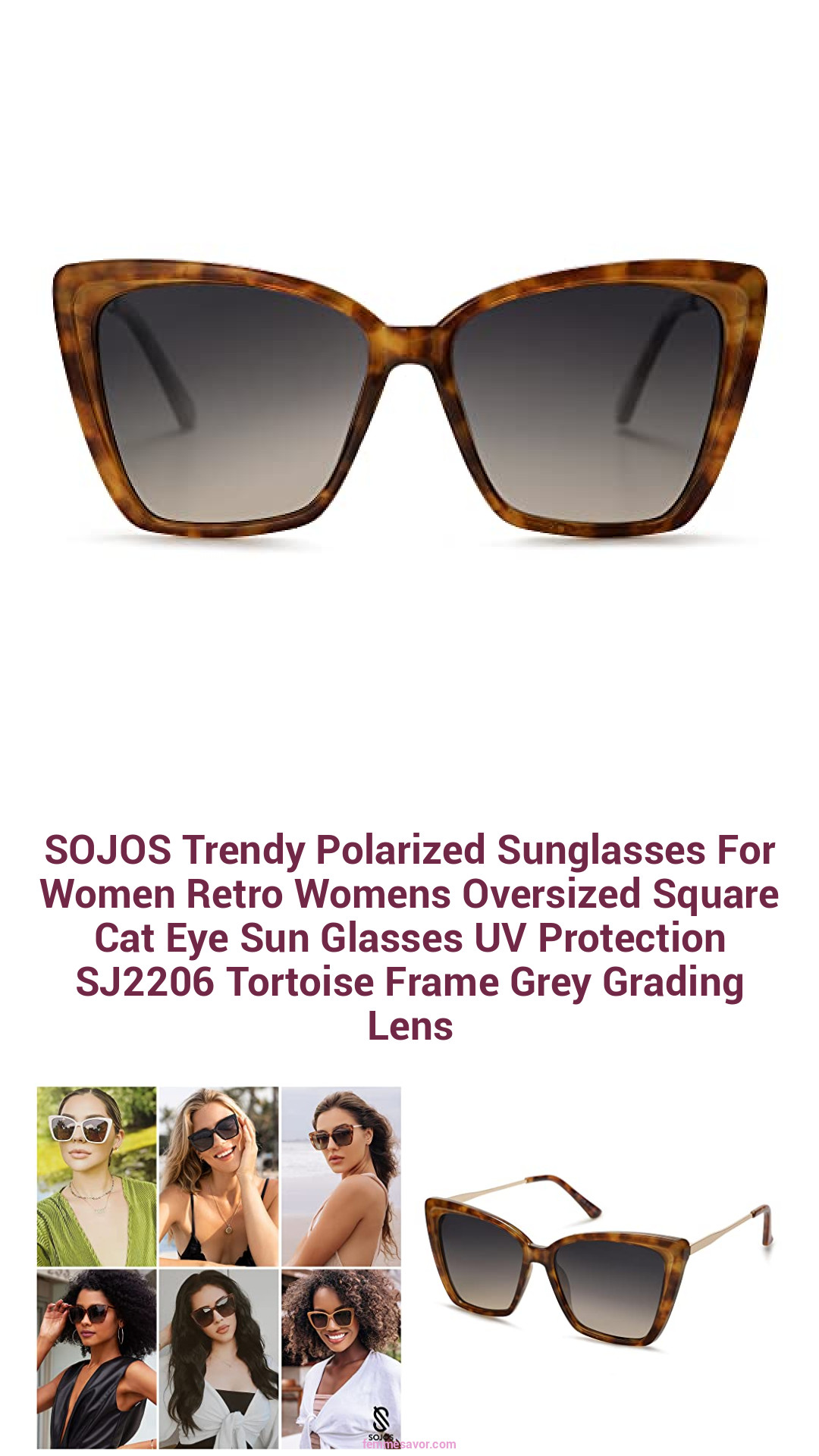 SOJOS Trendy Polarized Sunglasses For Women Retro Womens Oversized Square Cat Eye Sun Glasses UV Protection SJ2206 Tortoise Frame Grey Grading Lens
